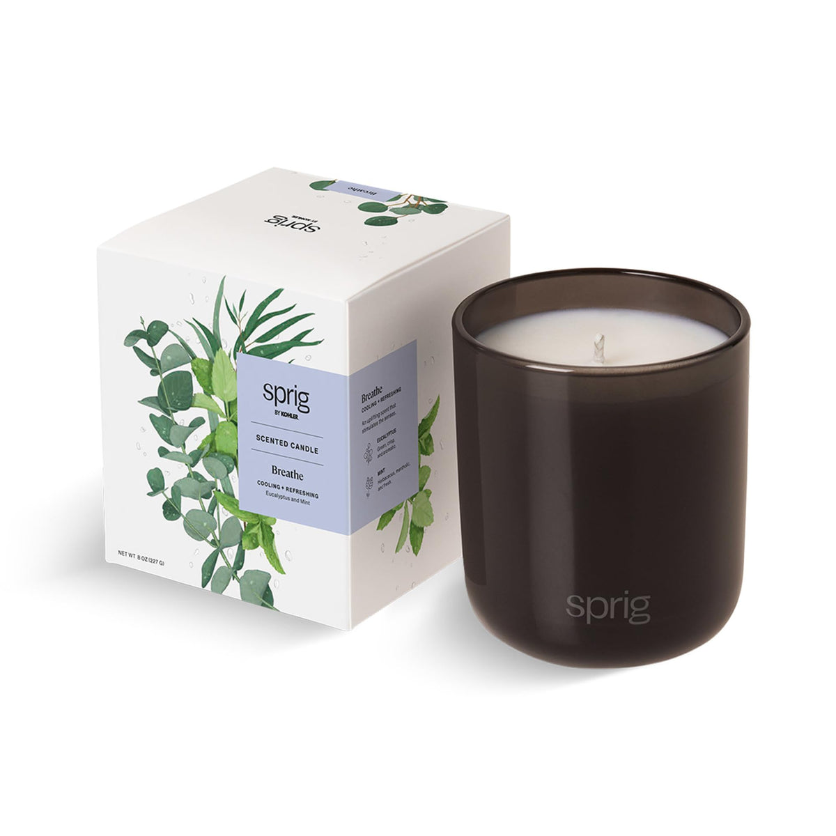 Bougie Sprig Kohler au parfum eucalyptus et menthe, ambiance rafraîchissante.