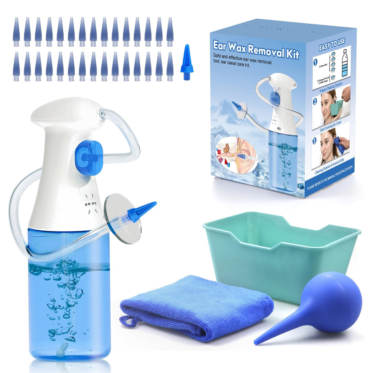 KOHUIPU kit nettoyage auriculaire avec bouteille, pratique et sûr pour toute la famille.