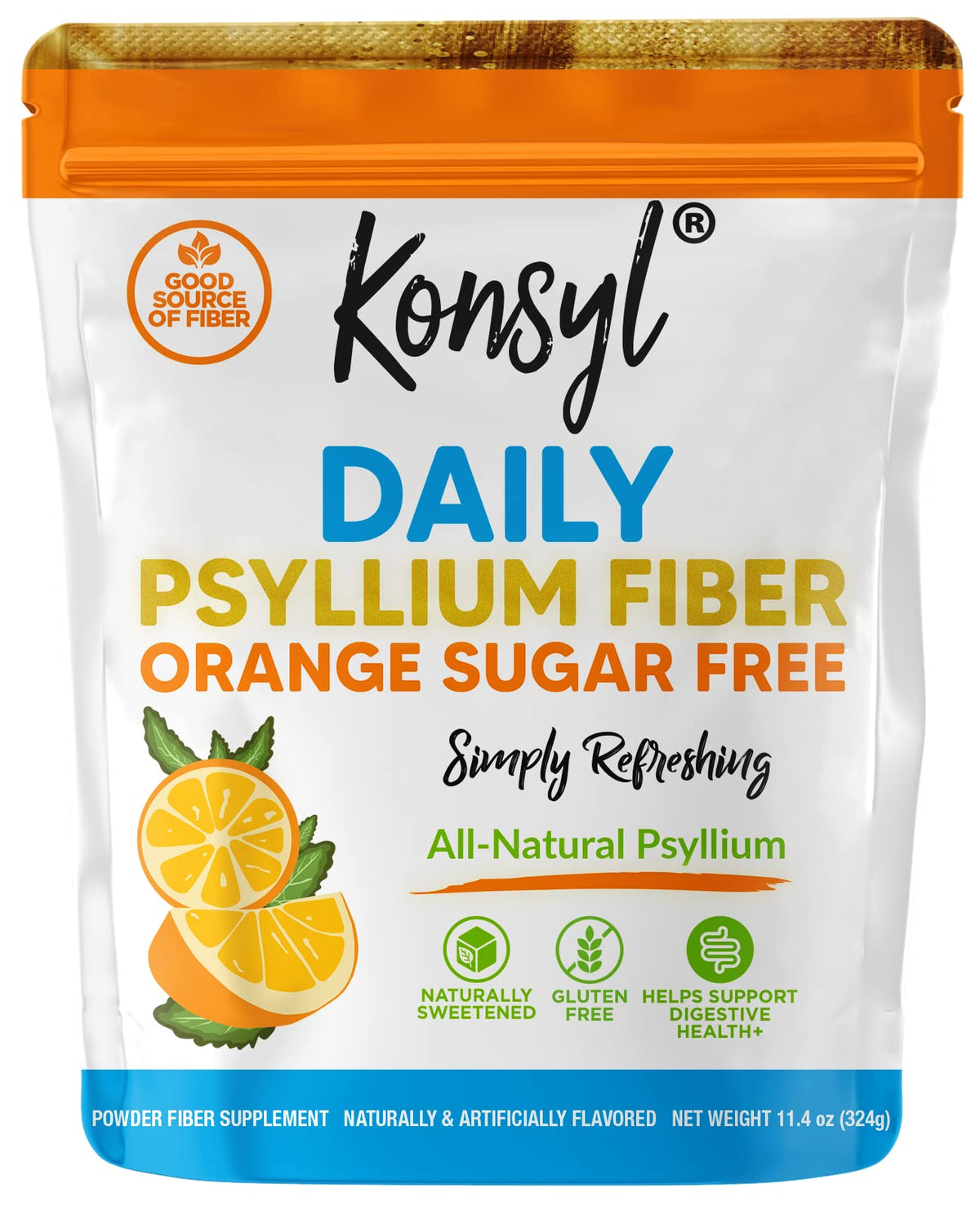 Konsyl Daily Psyllium Orange Sans Sucre – bouteille pratique pour la fibre quotidienne.