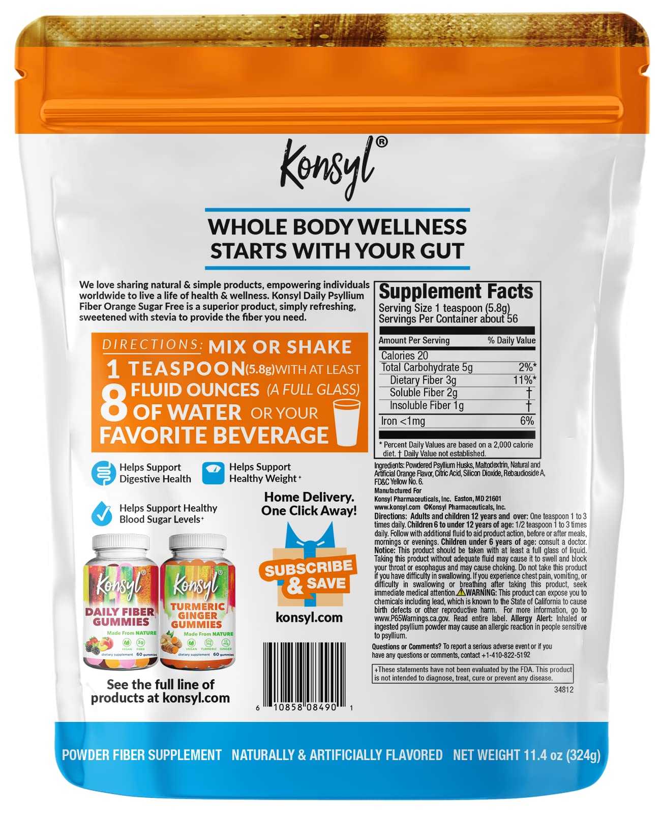 Konsyl Daily Psyllium Orange Sans Sucre – dosette facile à mesurer pour préparer.