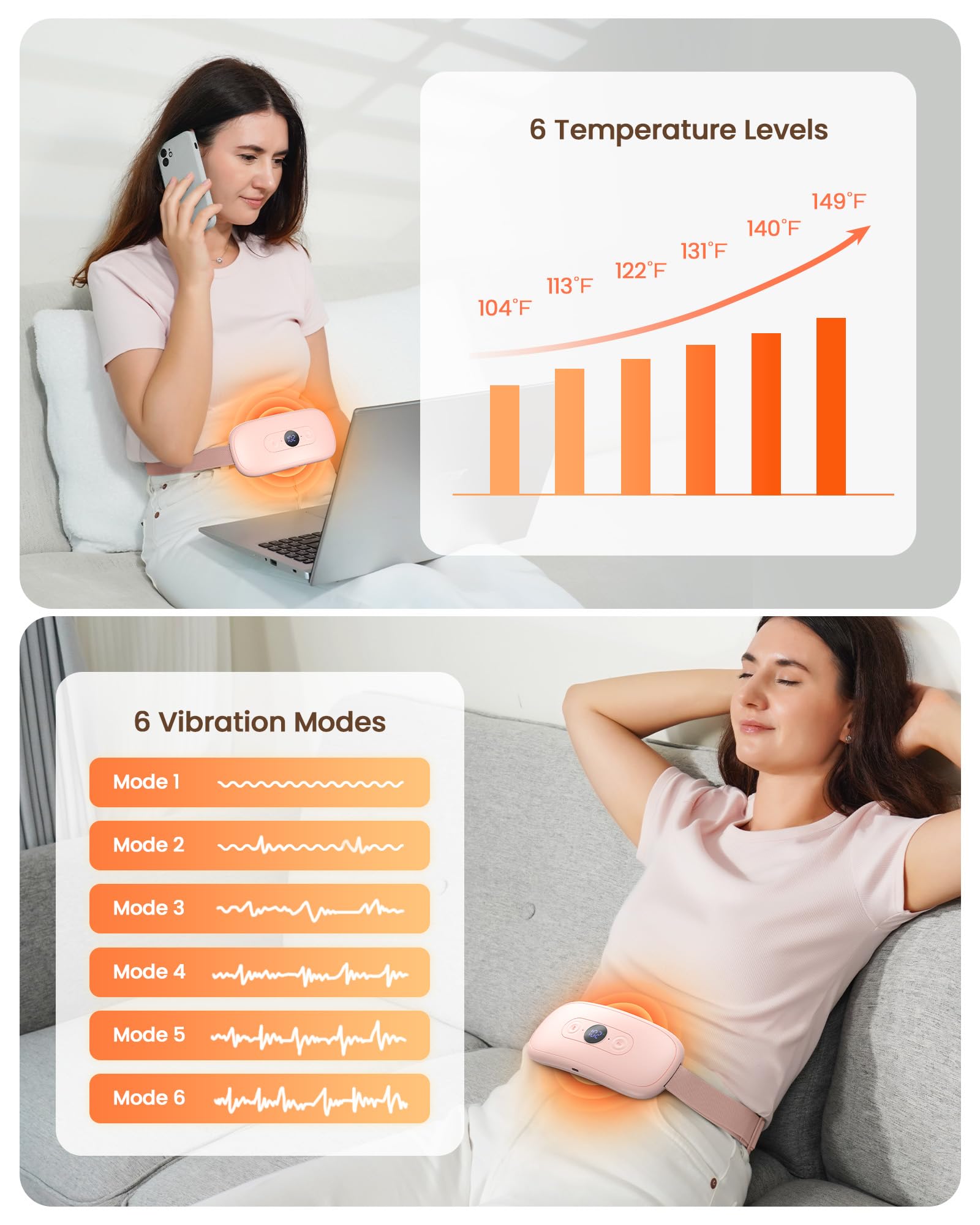 Koonnie 6 niveaux chaleur et 6 modes massage pour un soulagement personnalisé.