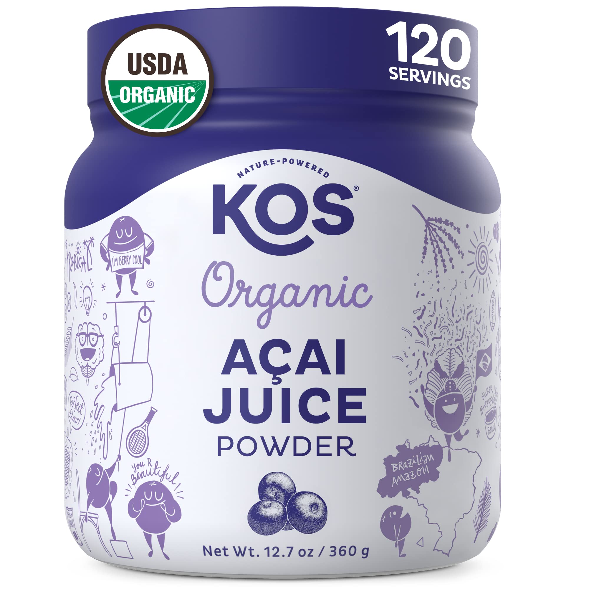 KOS Poudre d'acai biologique en pot, idéal pour smoothies riches en antioxydants