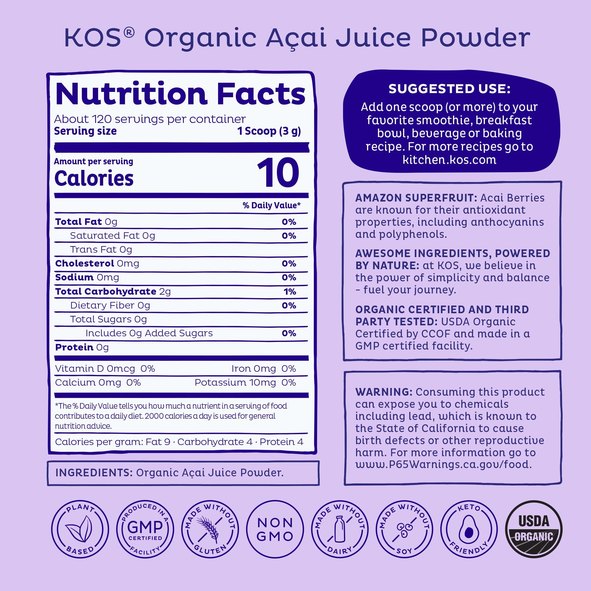 KOS acai poudre, smoothie velouté pour petit-déjeuner sain