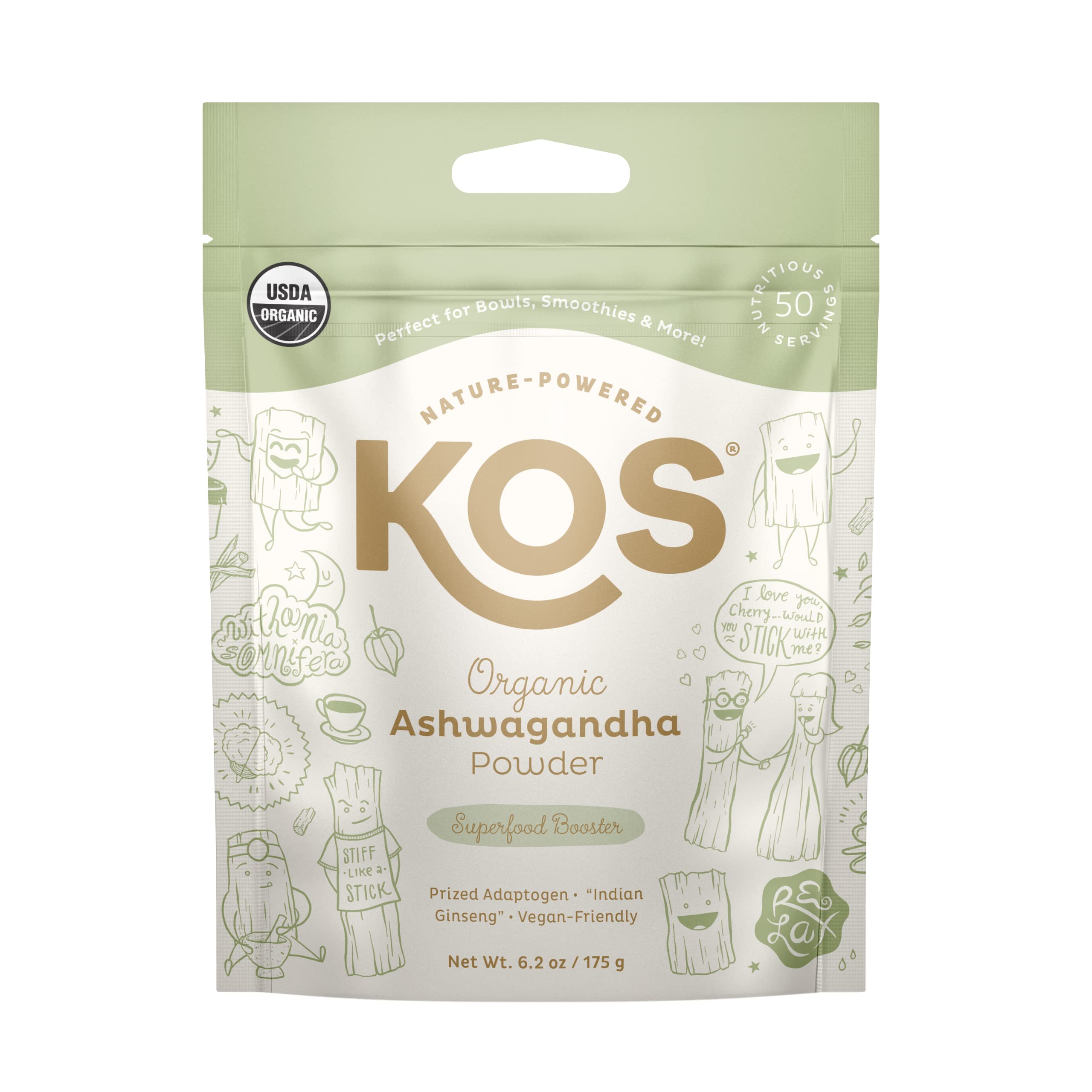 KOS Poudre d'Ashwagandha — emballage élégant et pratique pour votre routine.