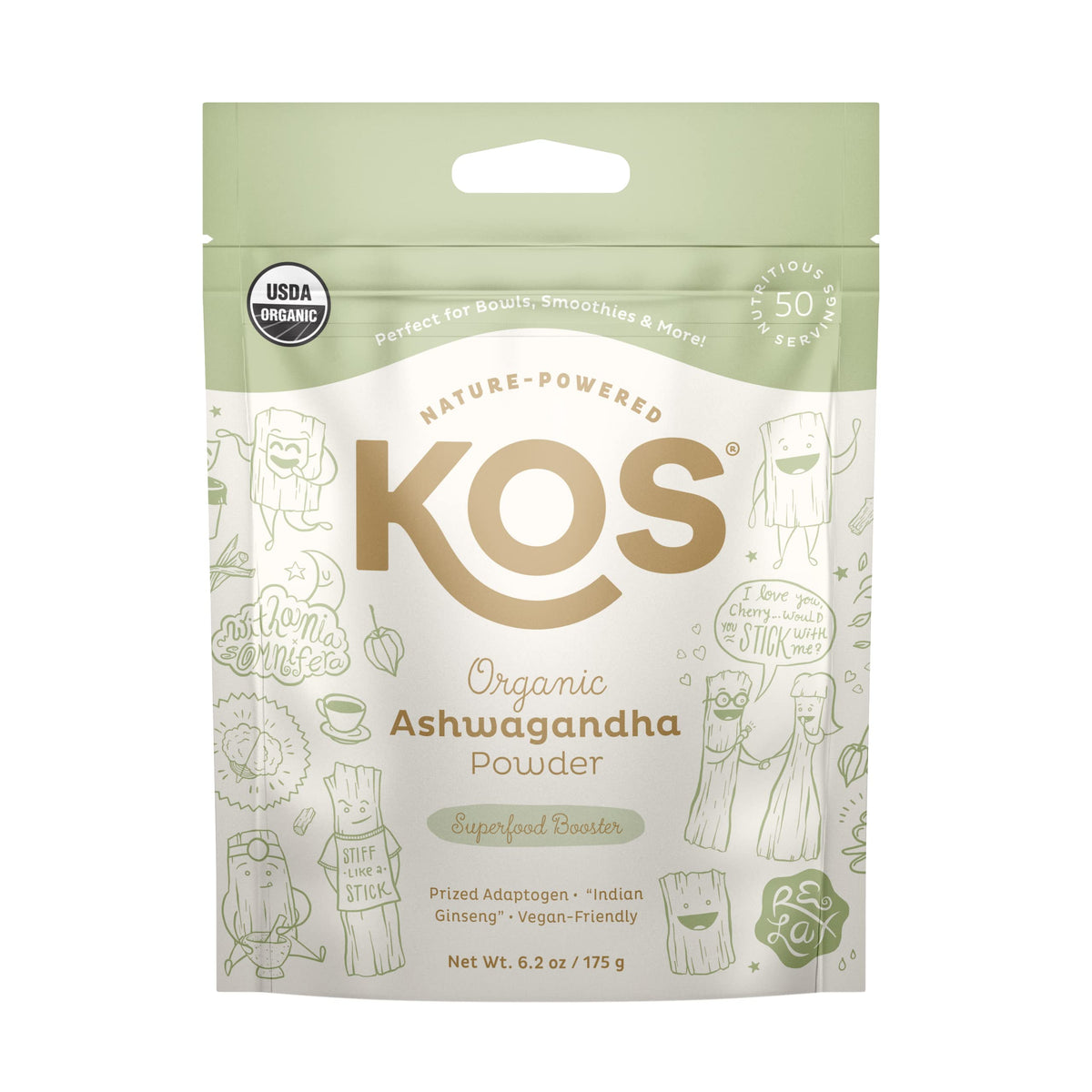 KOS Poudre d'Ashwagandha — emballage élégant et pratique pour votre routine.