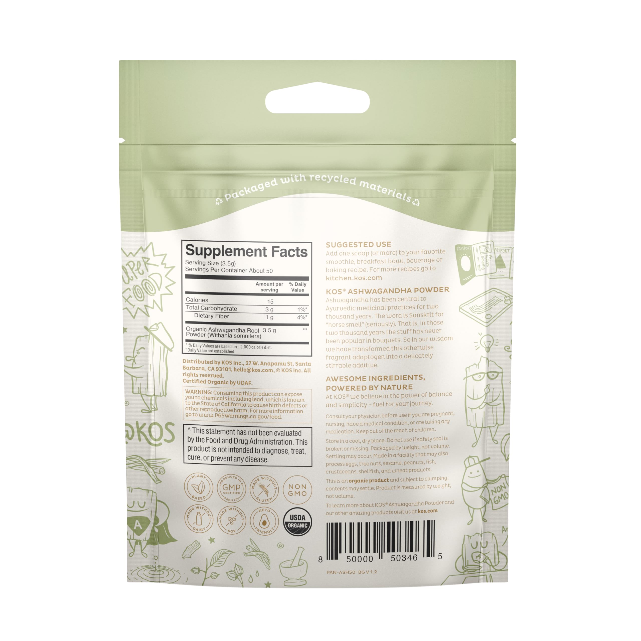 Texture fine de la poudre KOS Ashwagandha, se dissout facilement dans les boissons.