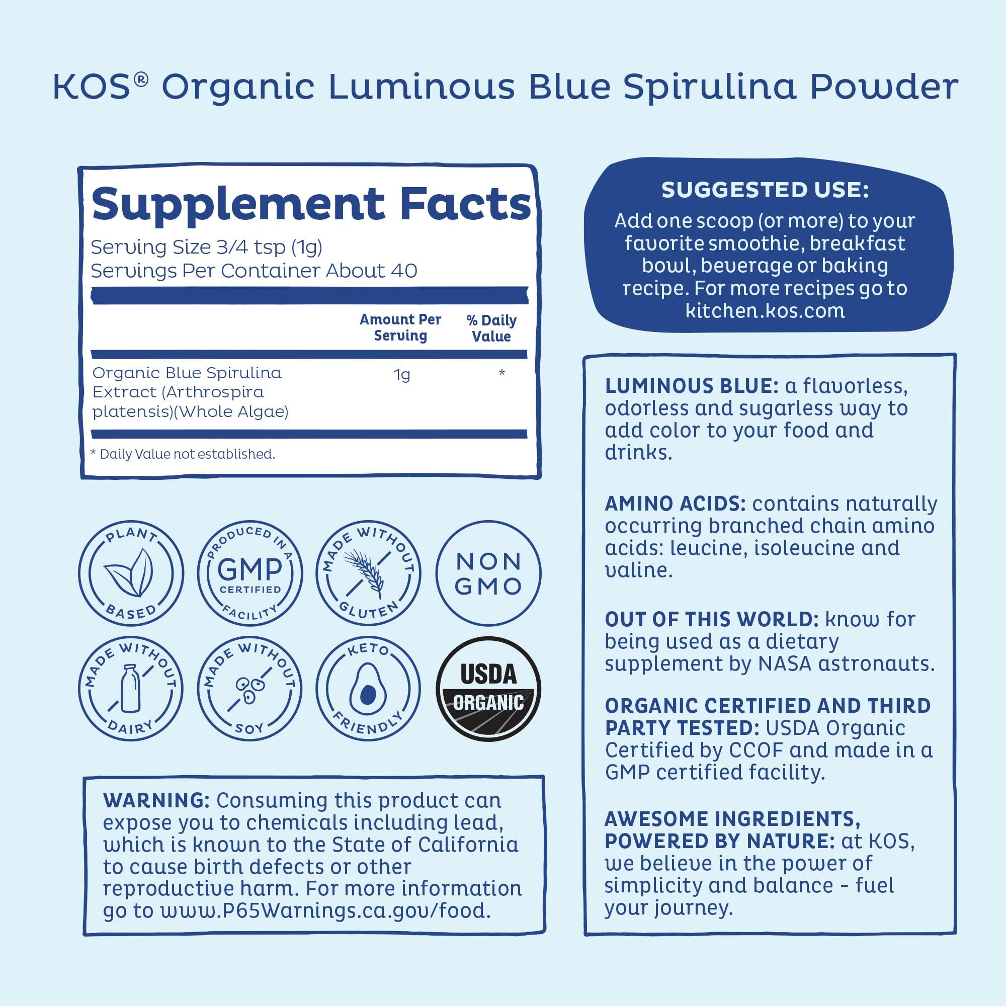 Kos boisson à la spiruline bleue, énergie naturelle potentielle.