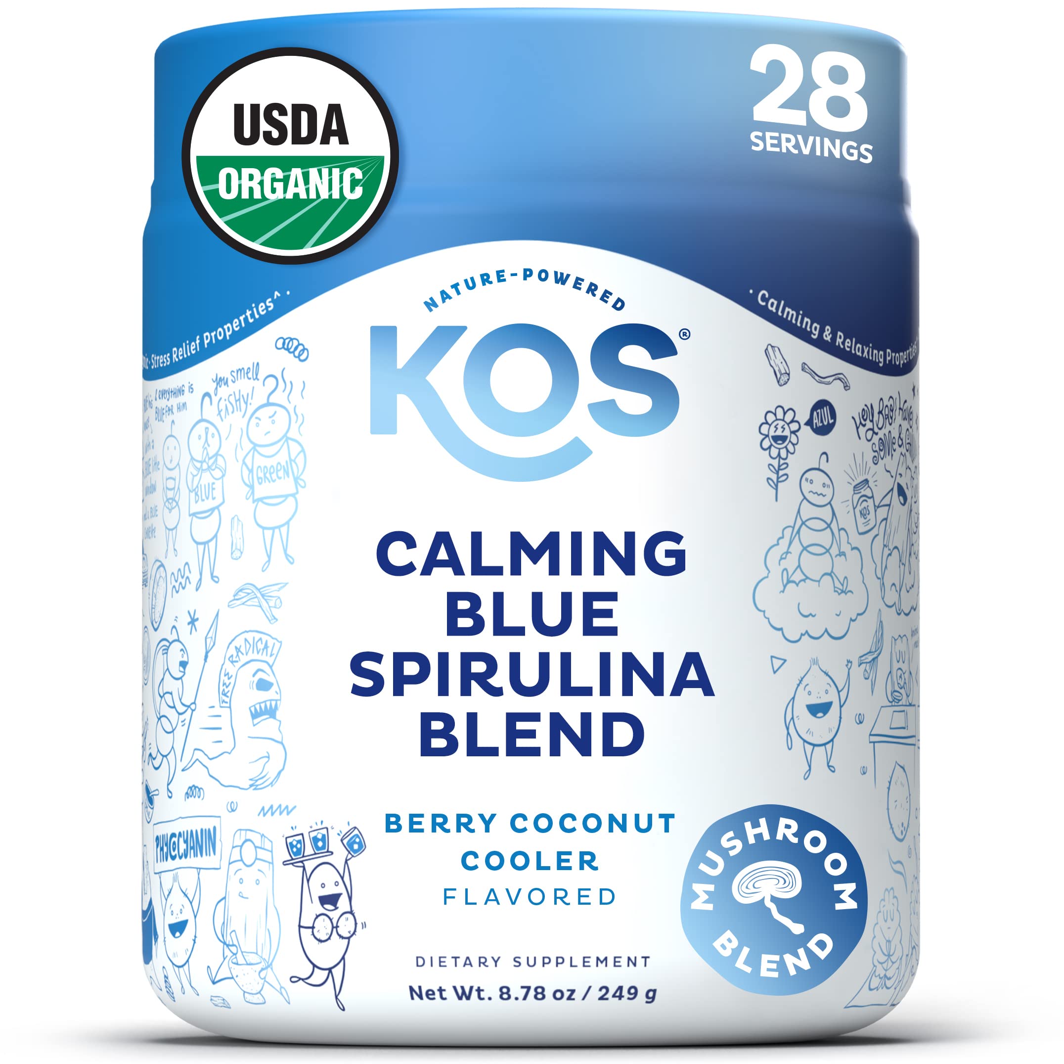 KOS Calming Blue Spirulina, bouteille, couleur apaisante et préparation prête à l’emploi