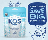 Kos emballage spiruline bleue, design clair pour une cuisine naturelle.