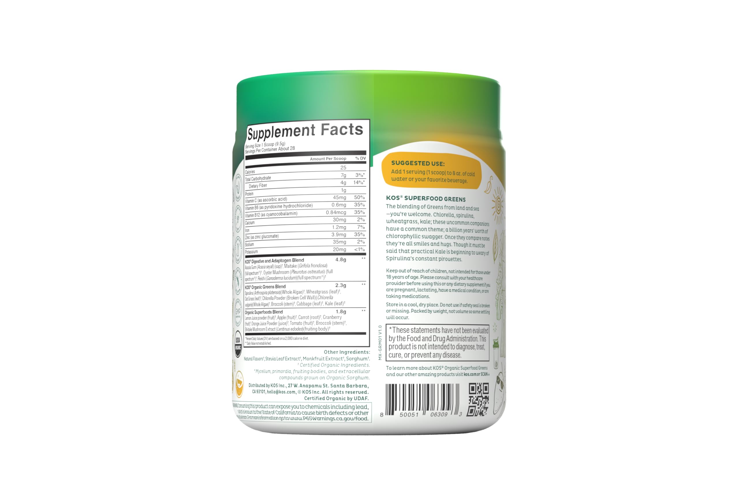 KOS Greens fiche nutrition, aperçu des nutriments clés