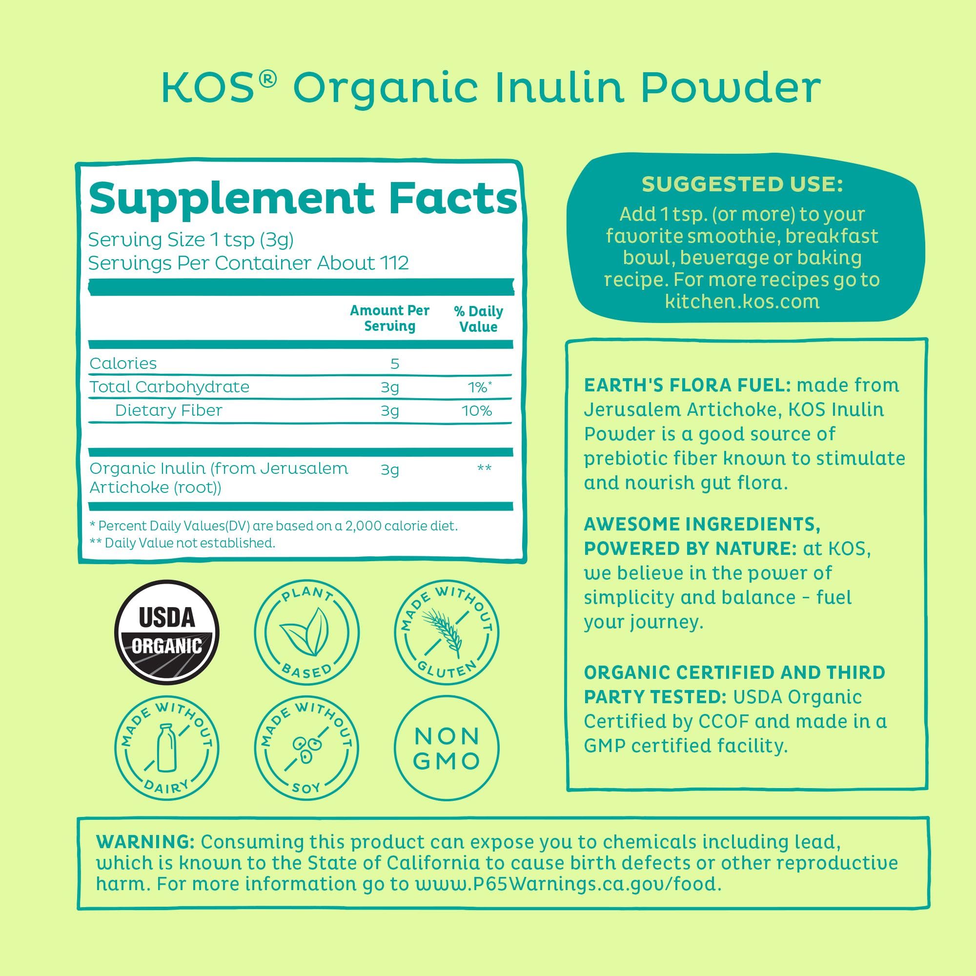 KOS Inuline bio, tableau d'ingrédients clair, convient au régime vegan.