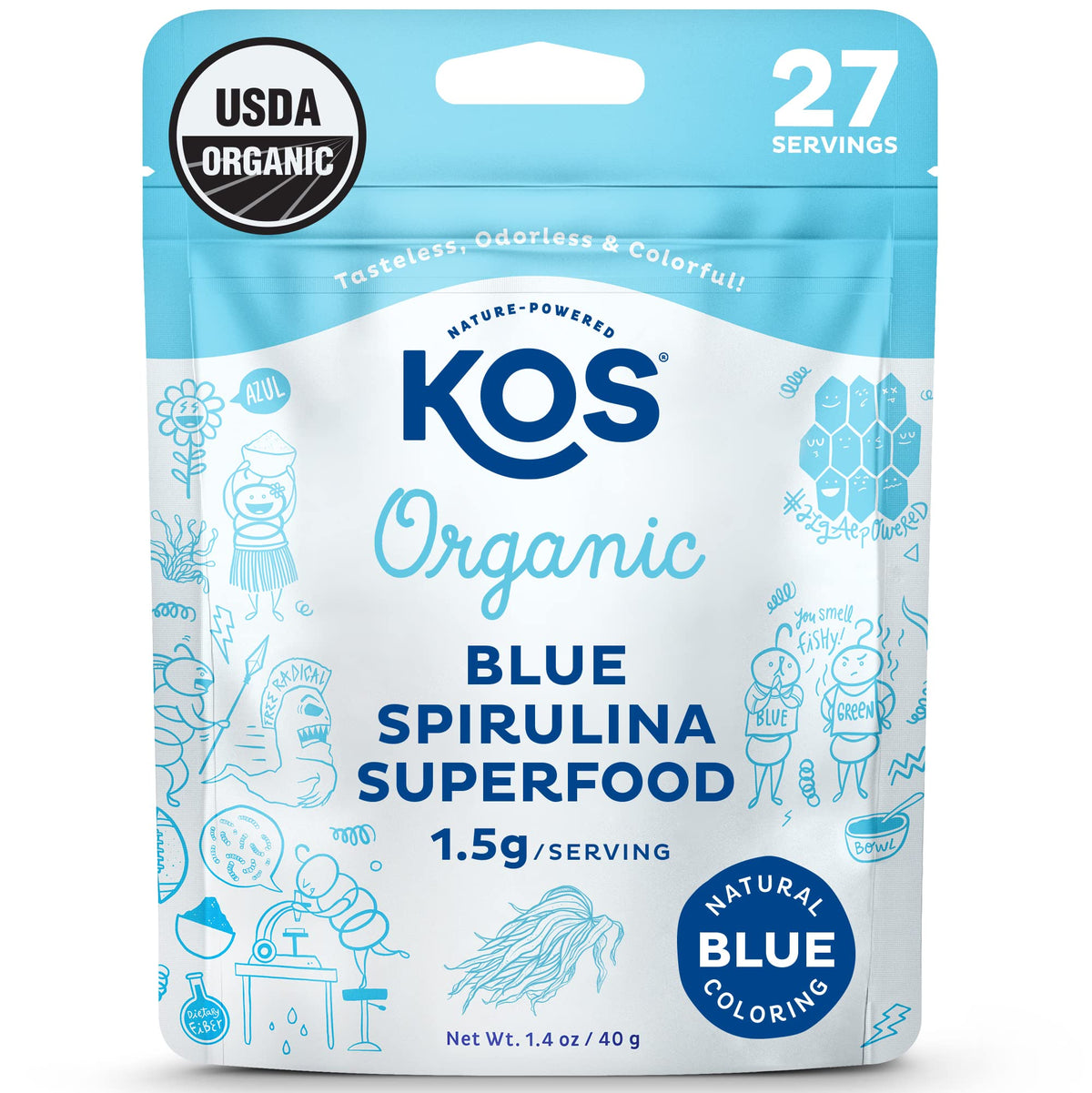 Kos poudre spiruline bleue biologique, colorant naturel et nutriments potentiels.