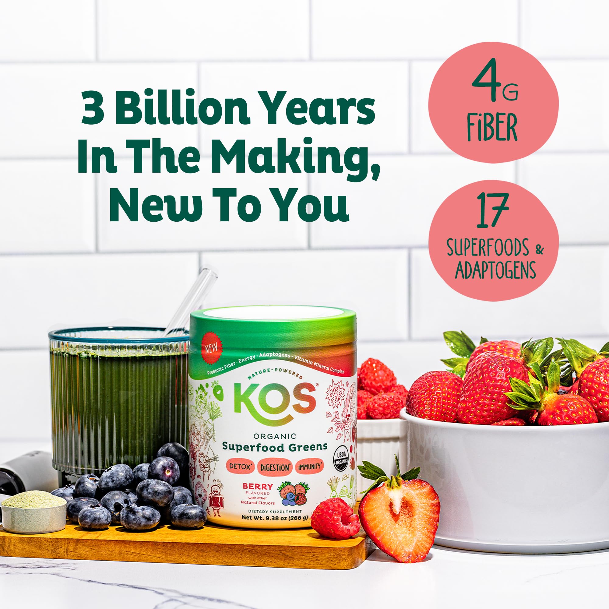 KOS Poudre Verte Framboise 17 super-aliments pour l équilibre nutritionnel.