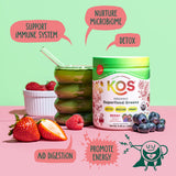KOS Poudre Verte Framboise mélange matin pour soutien digestif et énergie.