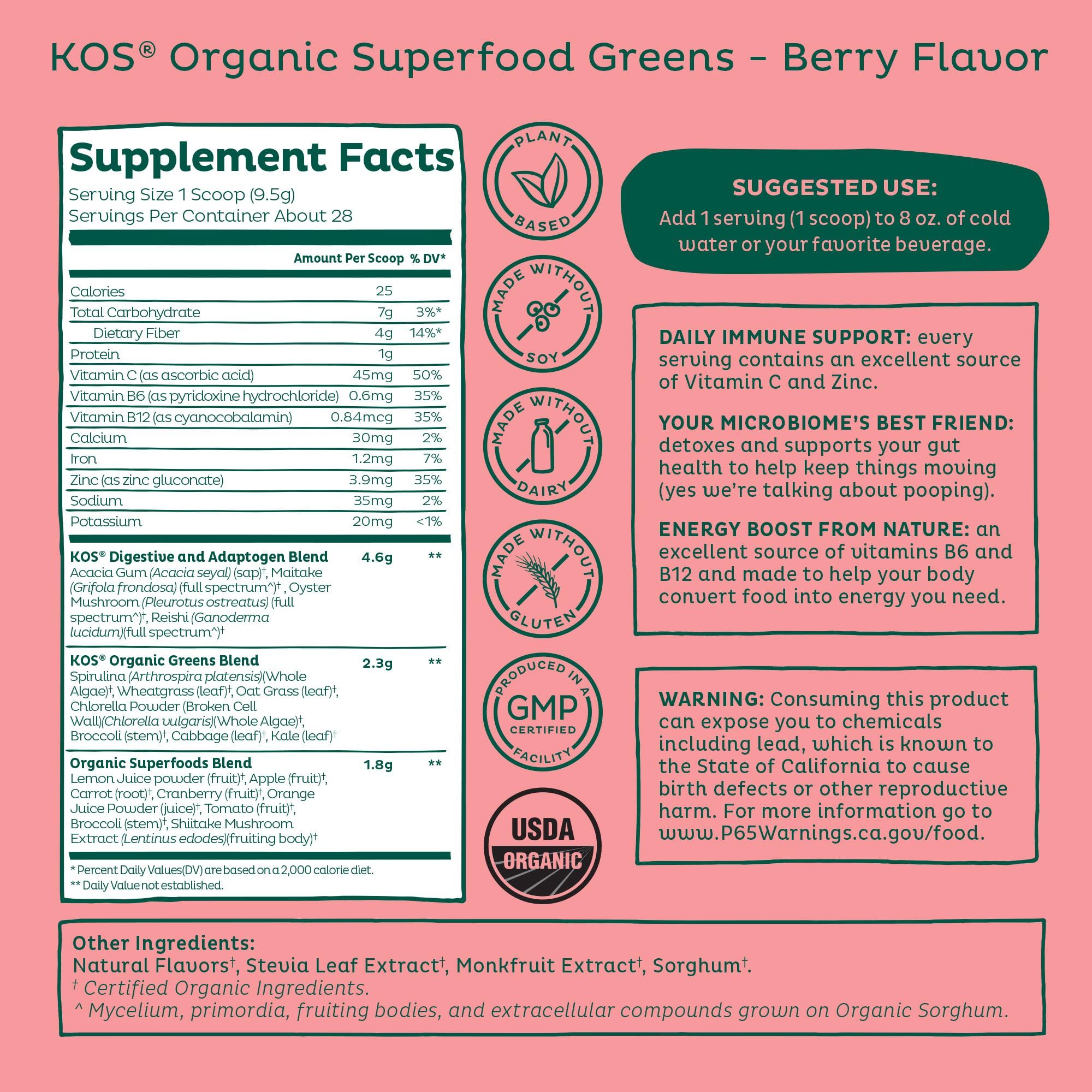 KOS Poudre Verte Framboise prébiotique fibre favorise flore intestinale équilibrée.