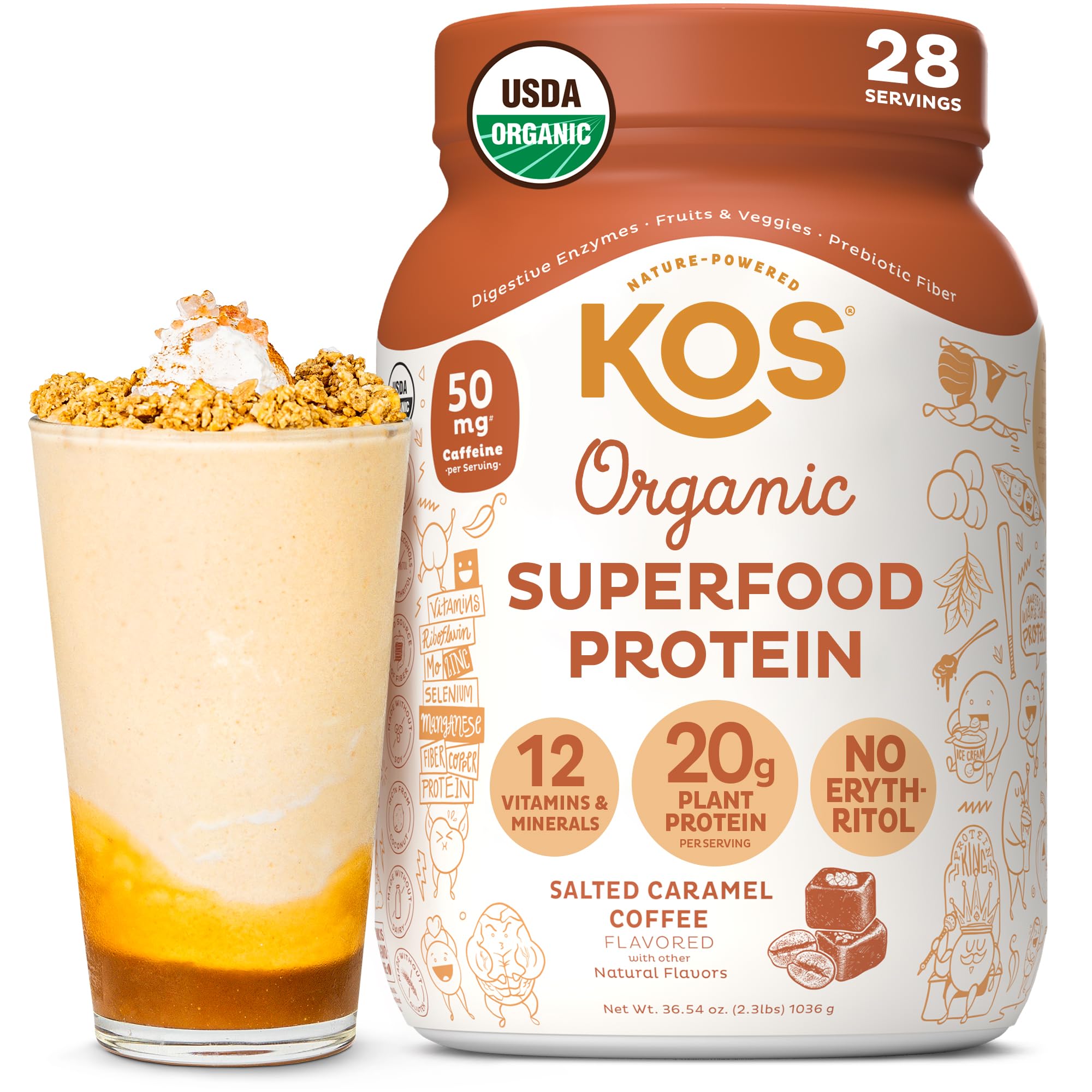 KOS Protéine Végane poudre café caramel sale, saveur riche et énergie.