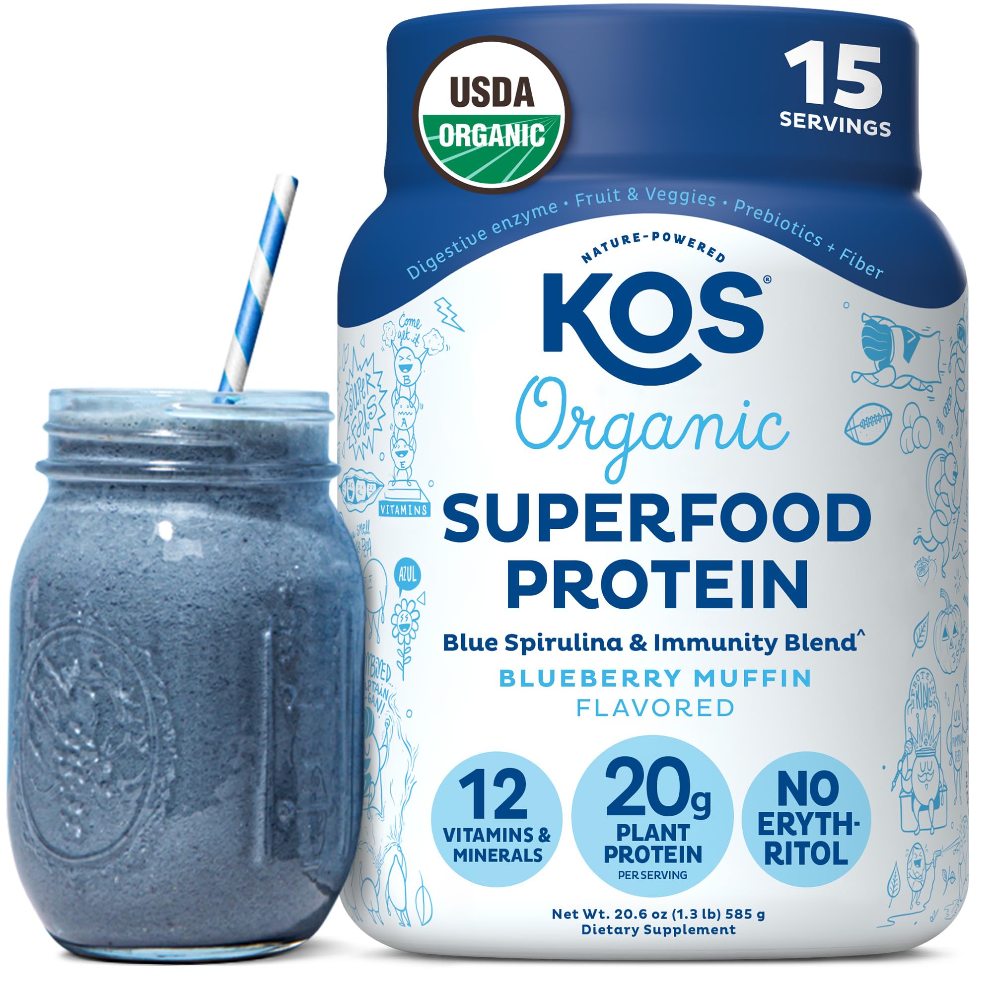 KOS protéine végétale poudre bleuet muffin, saveur gourmande et apport protéique.