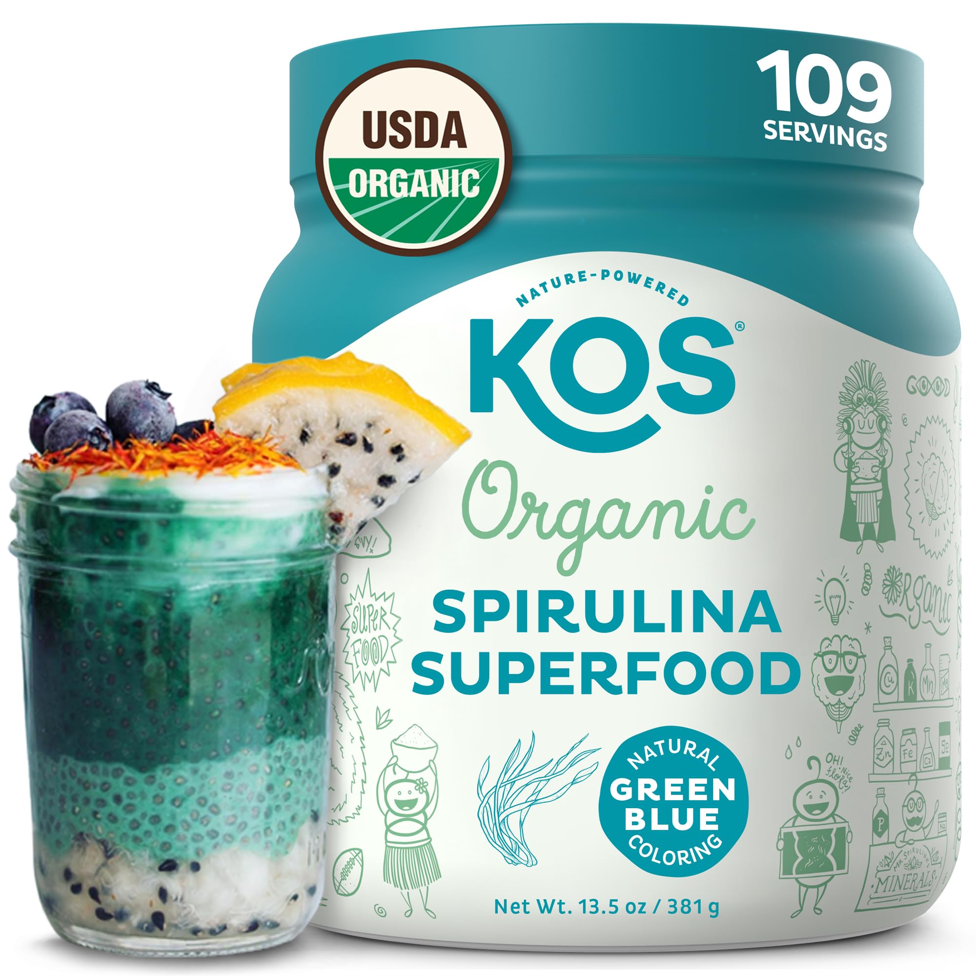 KOS Spiruline en poudre dans l'emballage, riche en phytonutriments pour l'alimentation quotidienne.