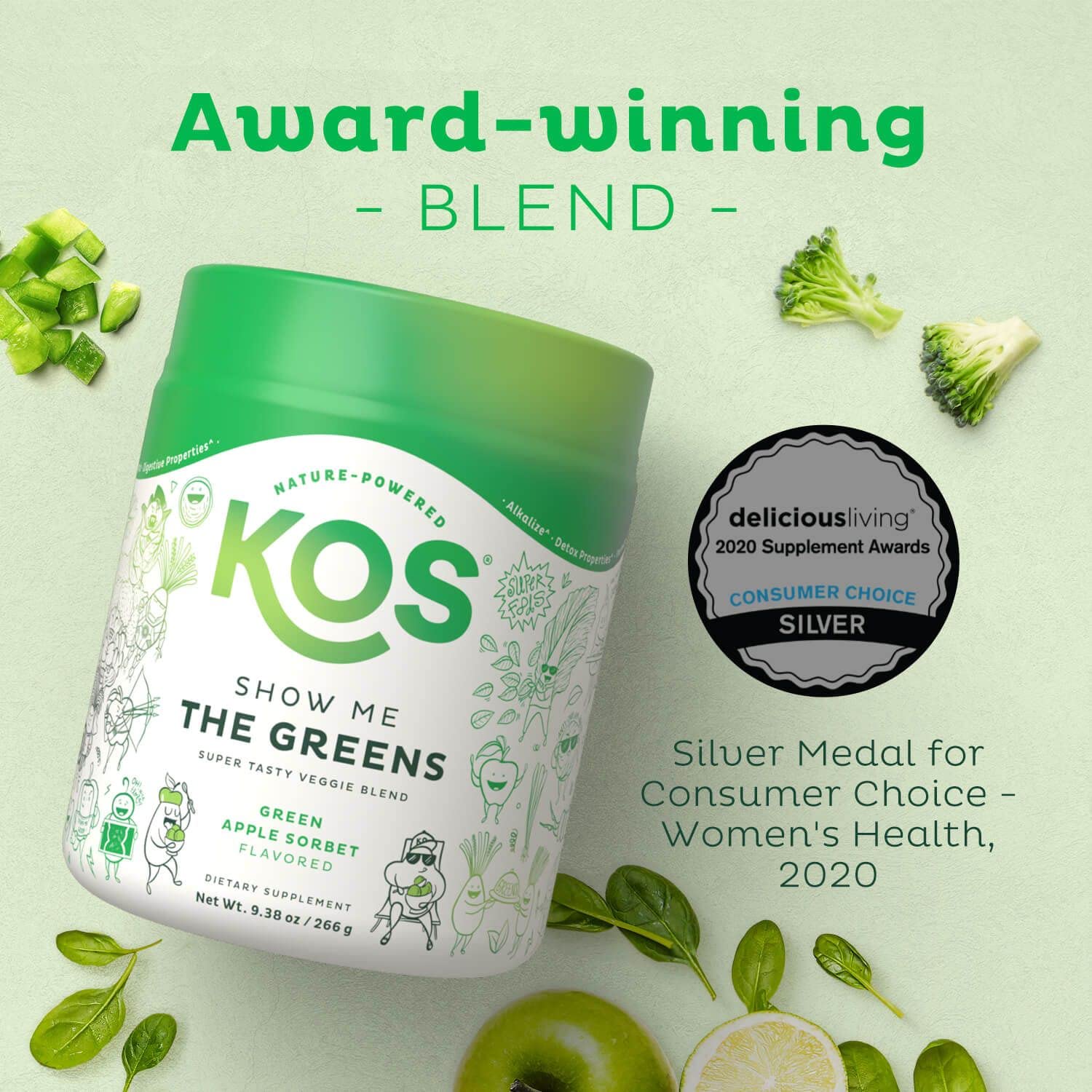 KOS Super Greens poudre dose cuillère, pratique pour mesurer une portion quotidienne
