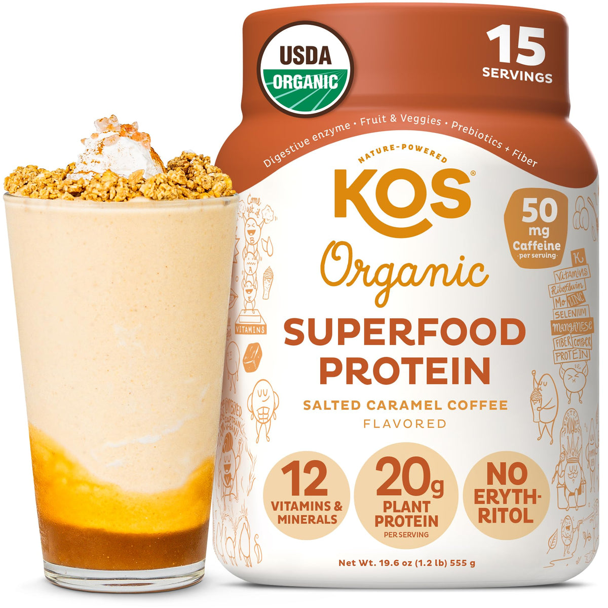 Kos protéine vegan en poudre café caramel: boisson gourmande et énergétique.
