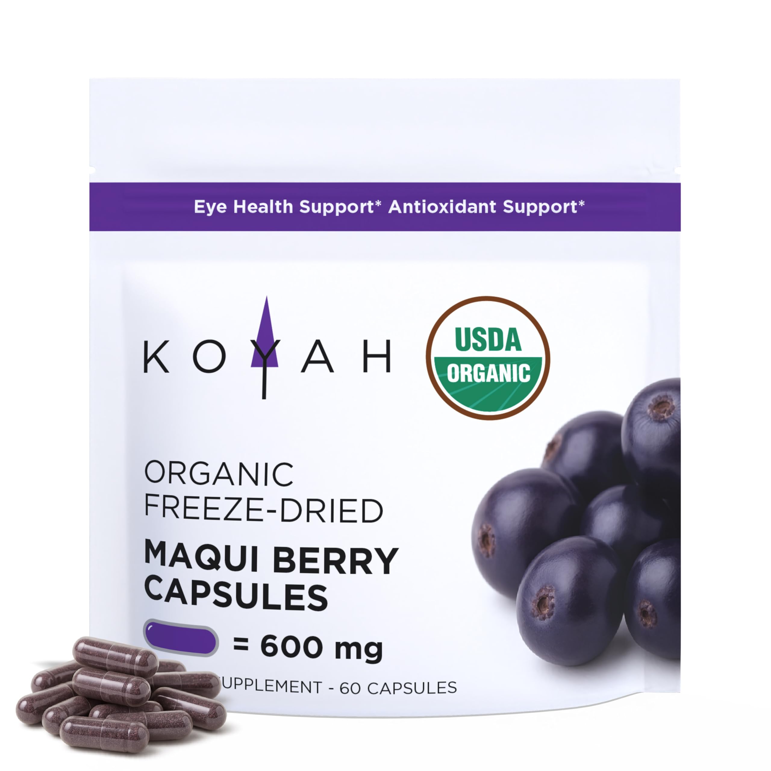 KOYAH capules Maqui bio lyophilisées, soutien antioxydant quotidien et facilité d'utilisation.