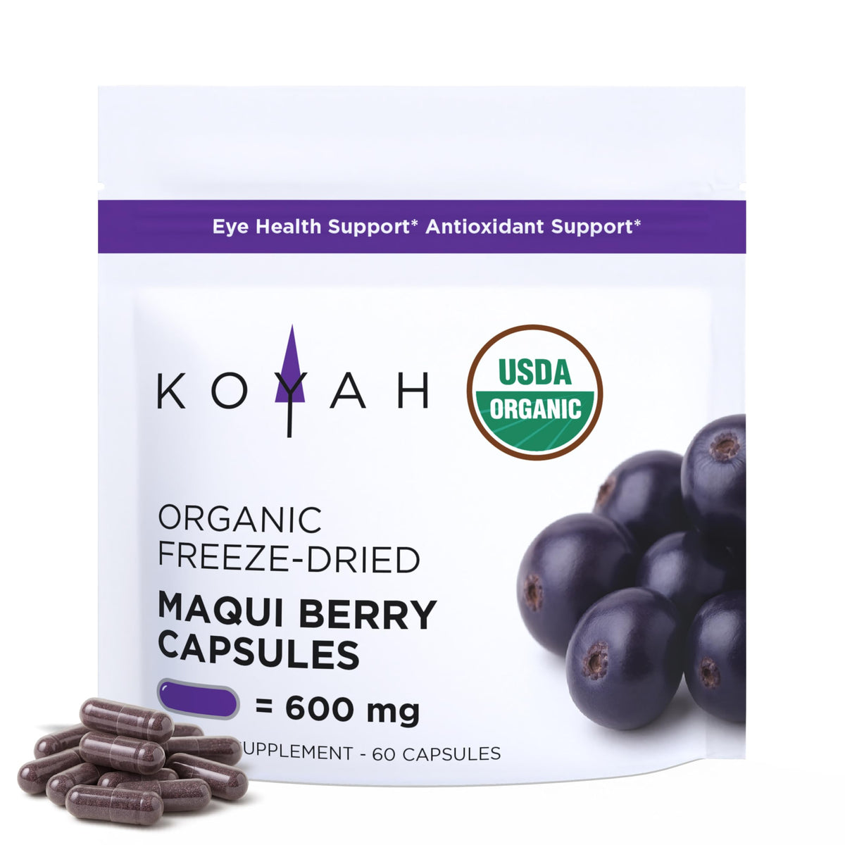 KOYAH capules Maqui bio lyophilisées, soutien antioxydant quotidien et facilité d'utilisation.