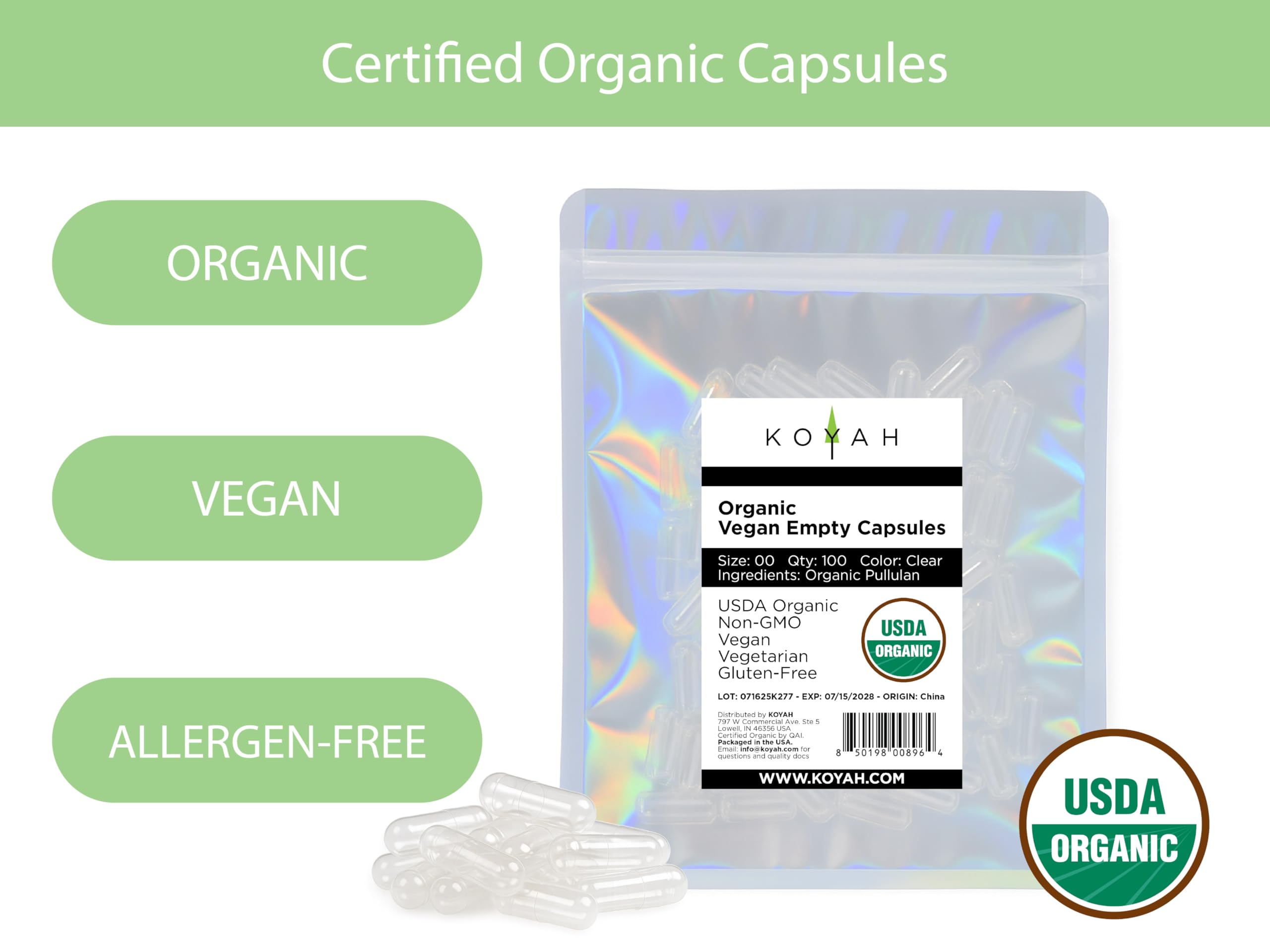 KOYAH capules pullulan 00 sans allergènes adaptées à un mode vegan.