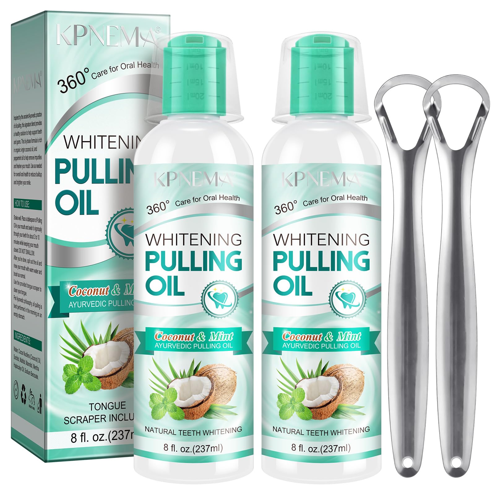 Bouteille KPNEMA bain-bouche huile-noix-de-coco-menthe pour une haleine naturelle.