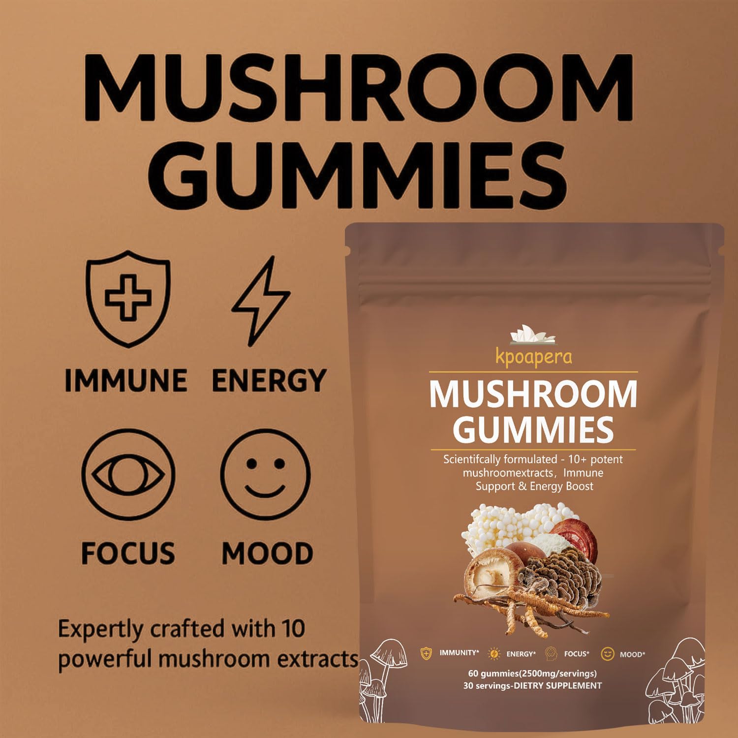 Gomme KPOAPERA champignons 60 portions visibles sur la bouteille, pratique