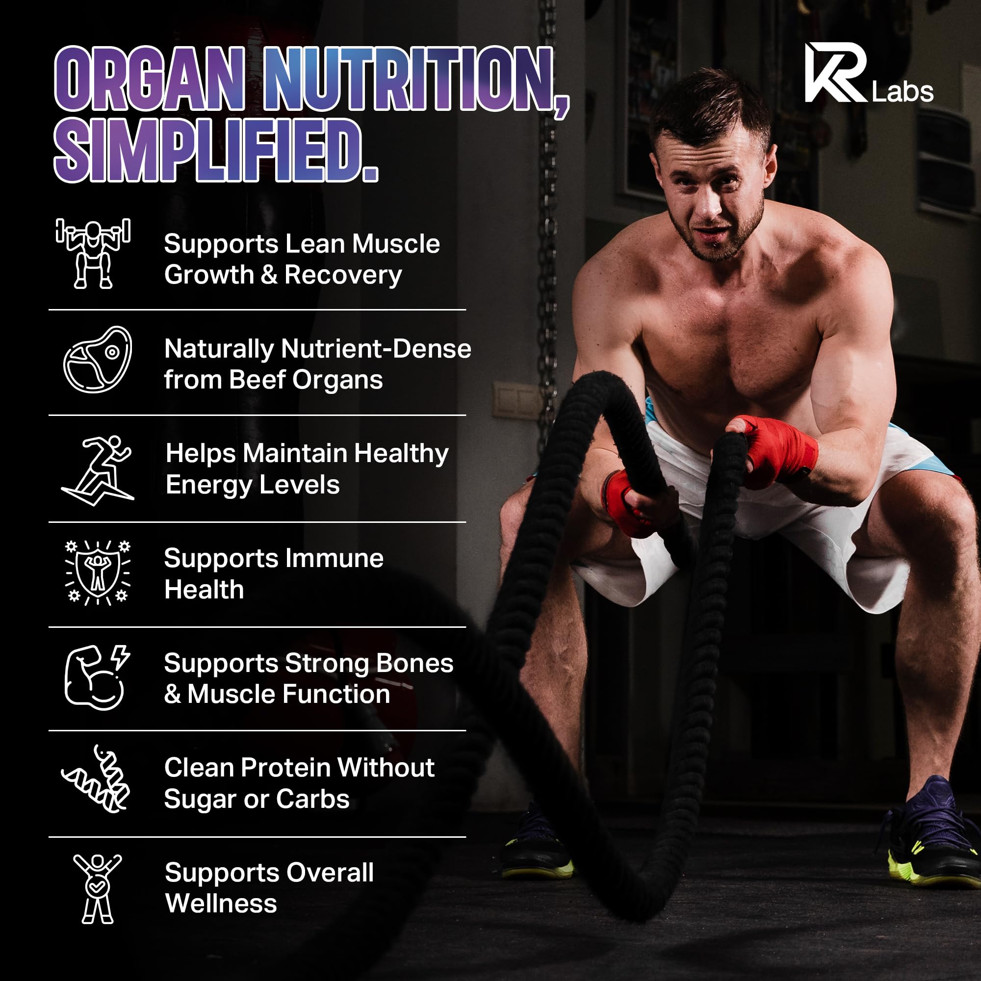 KR Labs Gommes protéine sans sucres – profil nutritionnel sans sucre ajouté.