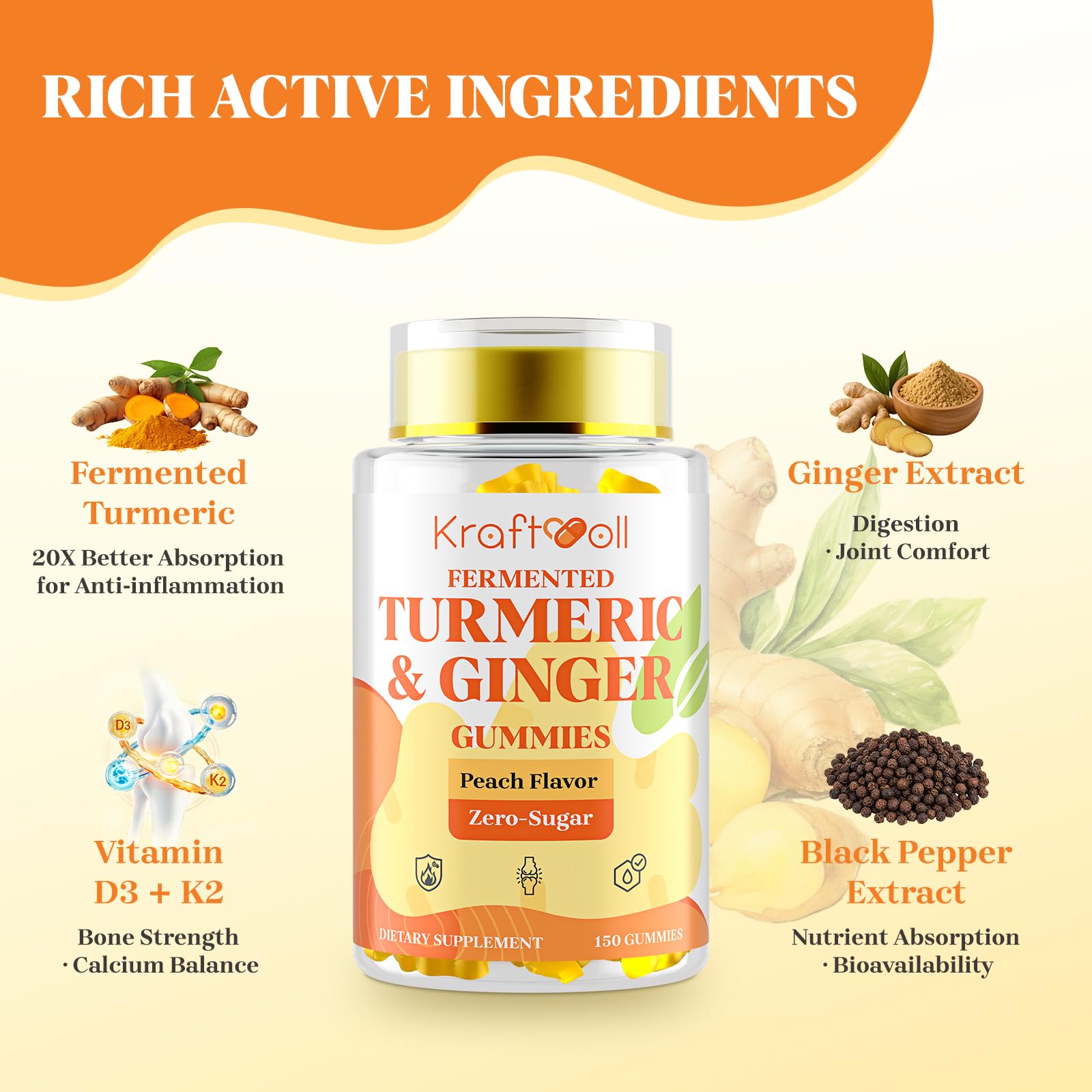 Bouteille Kraftvoll curcuma gingembre 150 gommes, approvisionnement longue duree