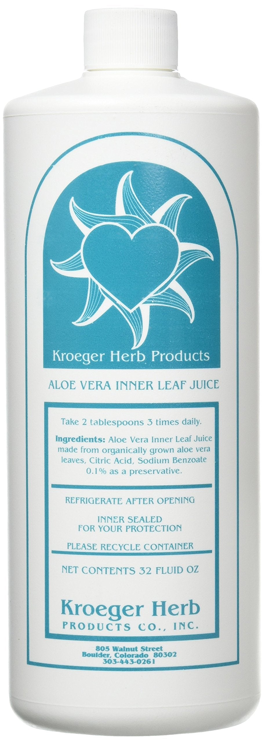 Gel Aloe Vera Kroeger Herb, feuilles intérieures, bouteille 32 onces, soutien à l’assimilation et à la circulation.