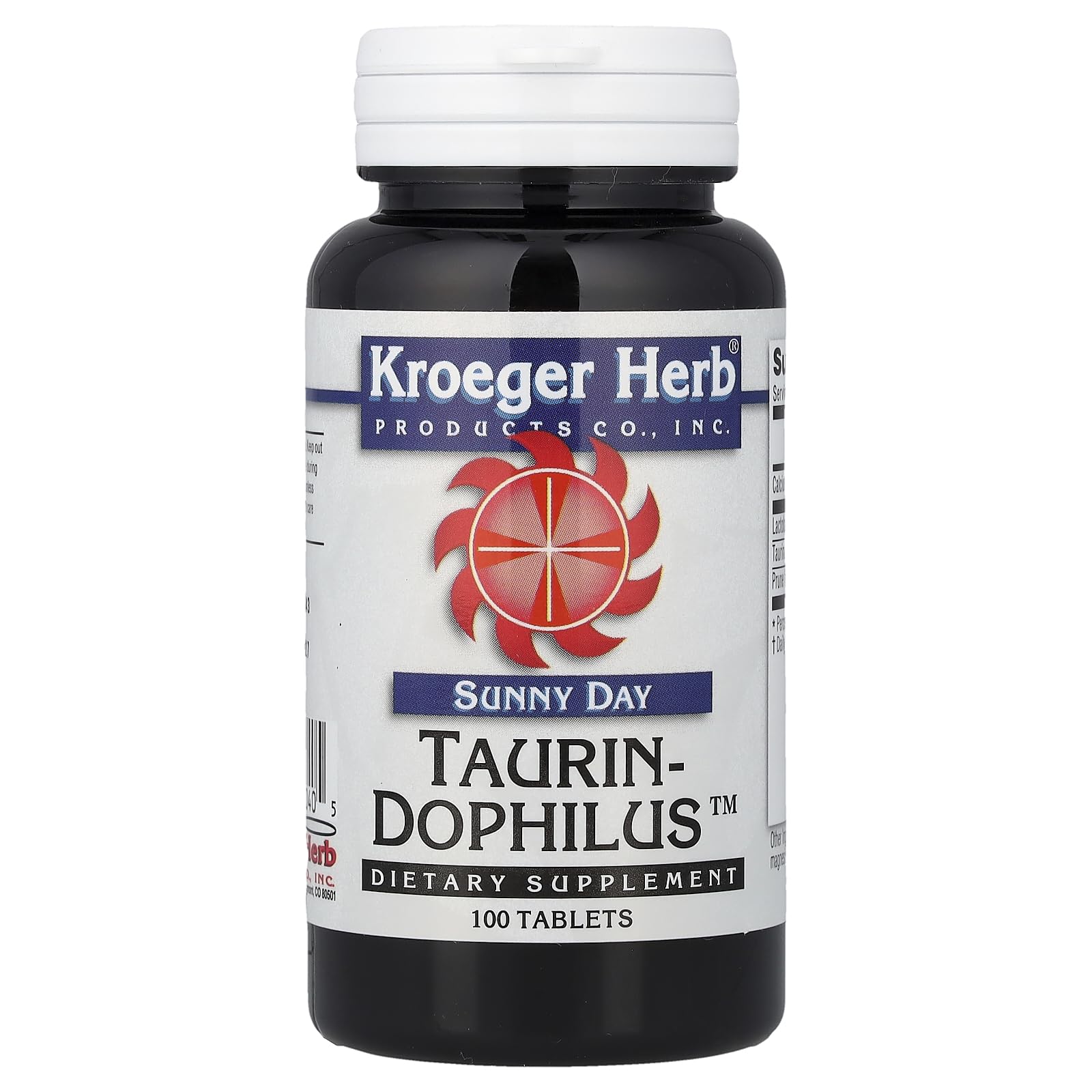 Kroeger Herb Sunday Day Taurine Dophilus — bouteille colorée, soutien quotidien potentiel.