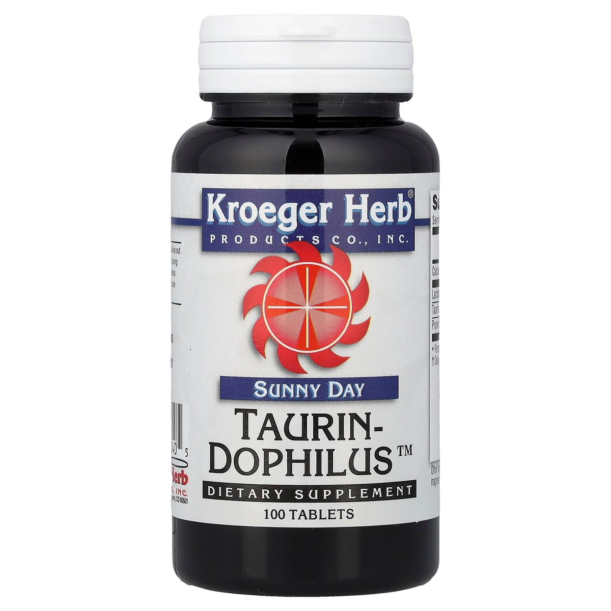 Kroeger Herb Sunday Day Taurine Dophilus — bouteille colorée, soutien quotidien potentiel.