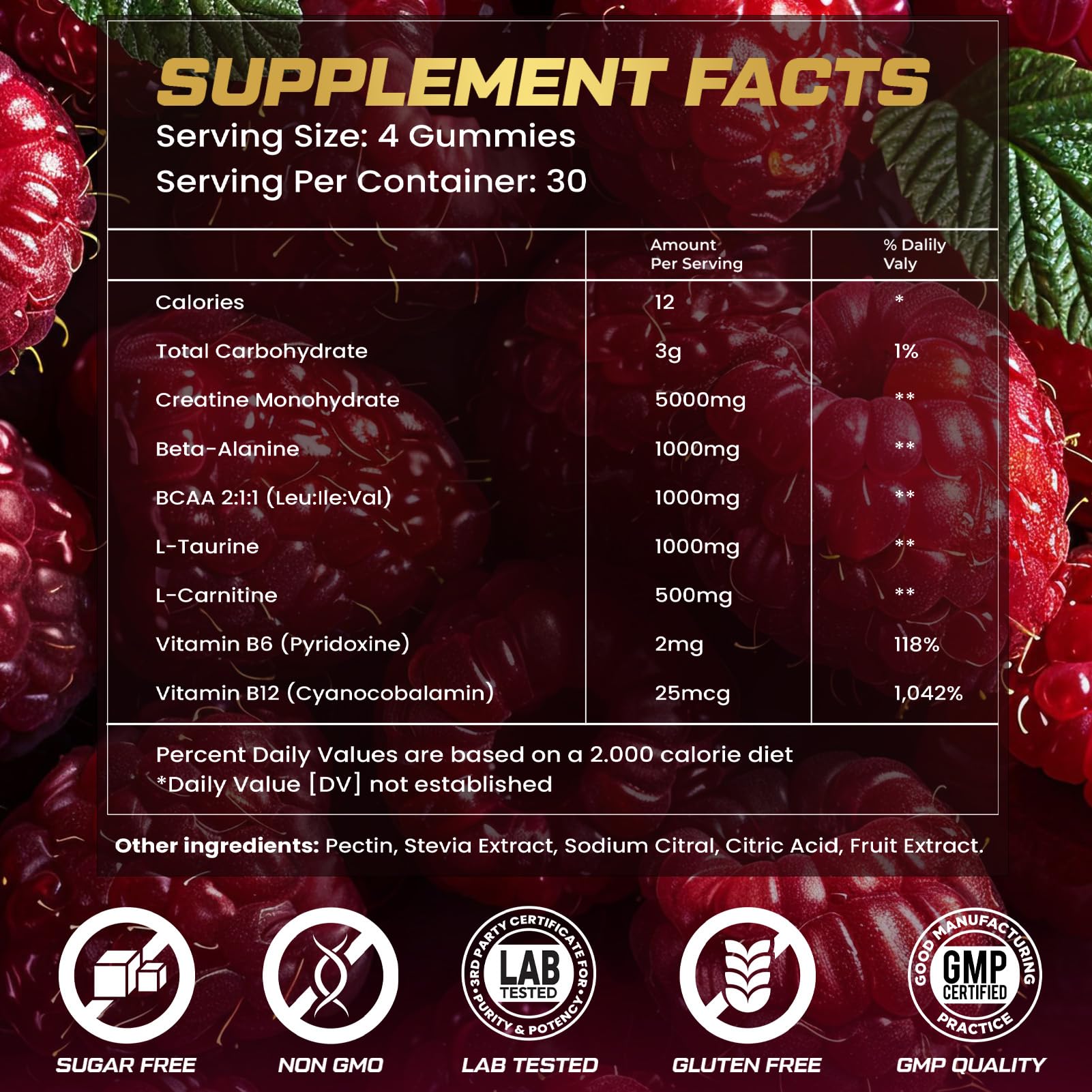 Conditionnement vegan et sans OGM, gommes kukaly créatine-framboise.
