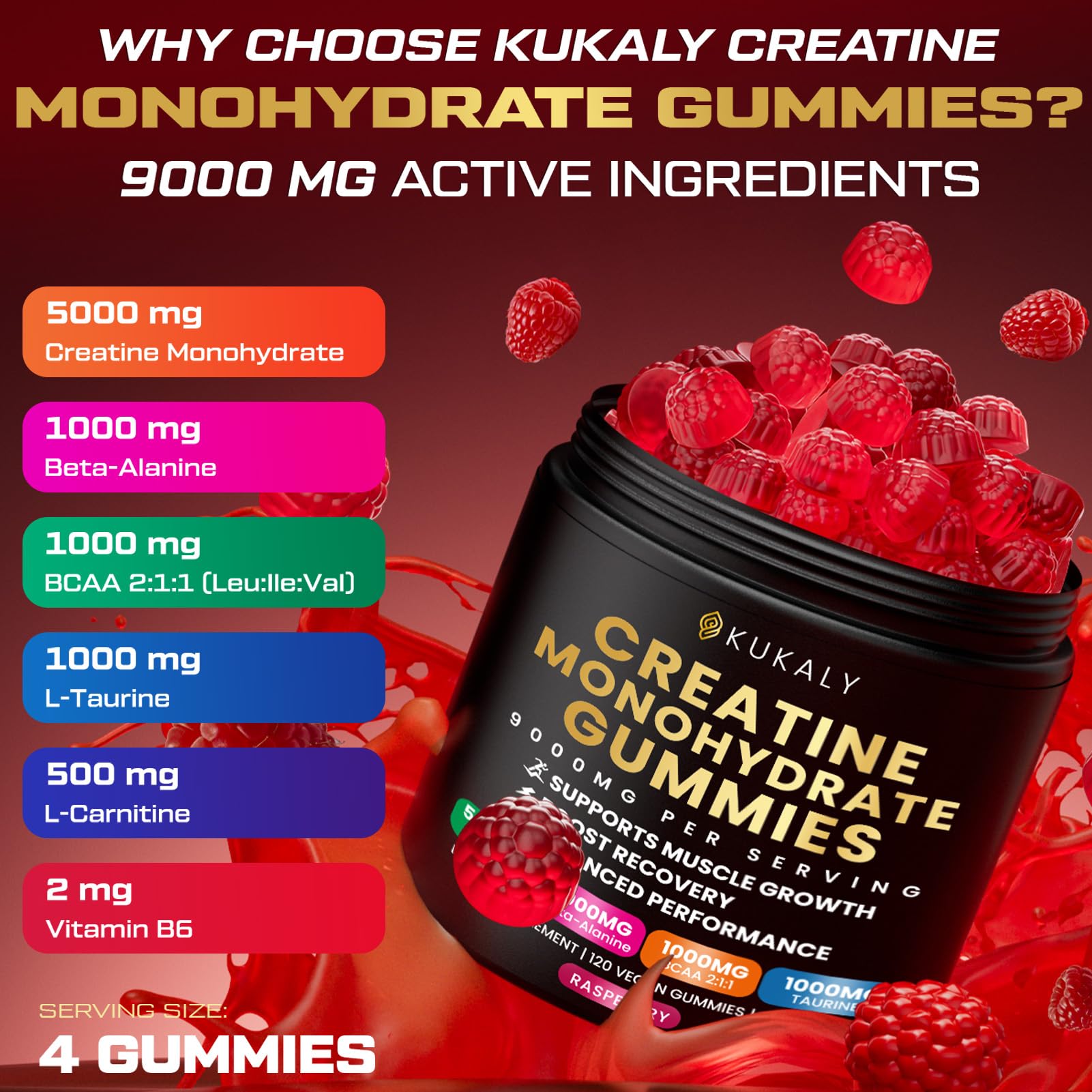 Gommes kukaly créatine-framboise prêtes à consommer avant l'entraînement.