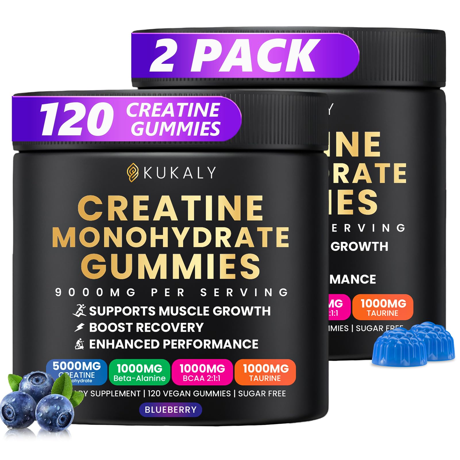 Gommes Kukaly Creatine Monohydrate, deux bouteilles myrtille, pratique pour un apport régulier.
