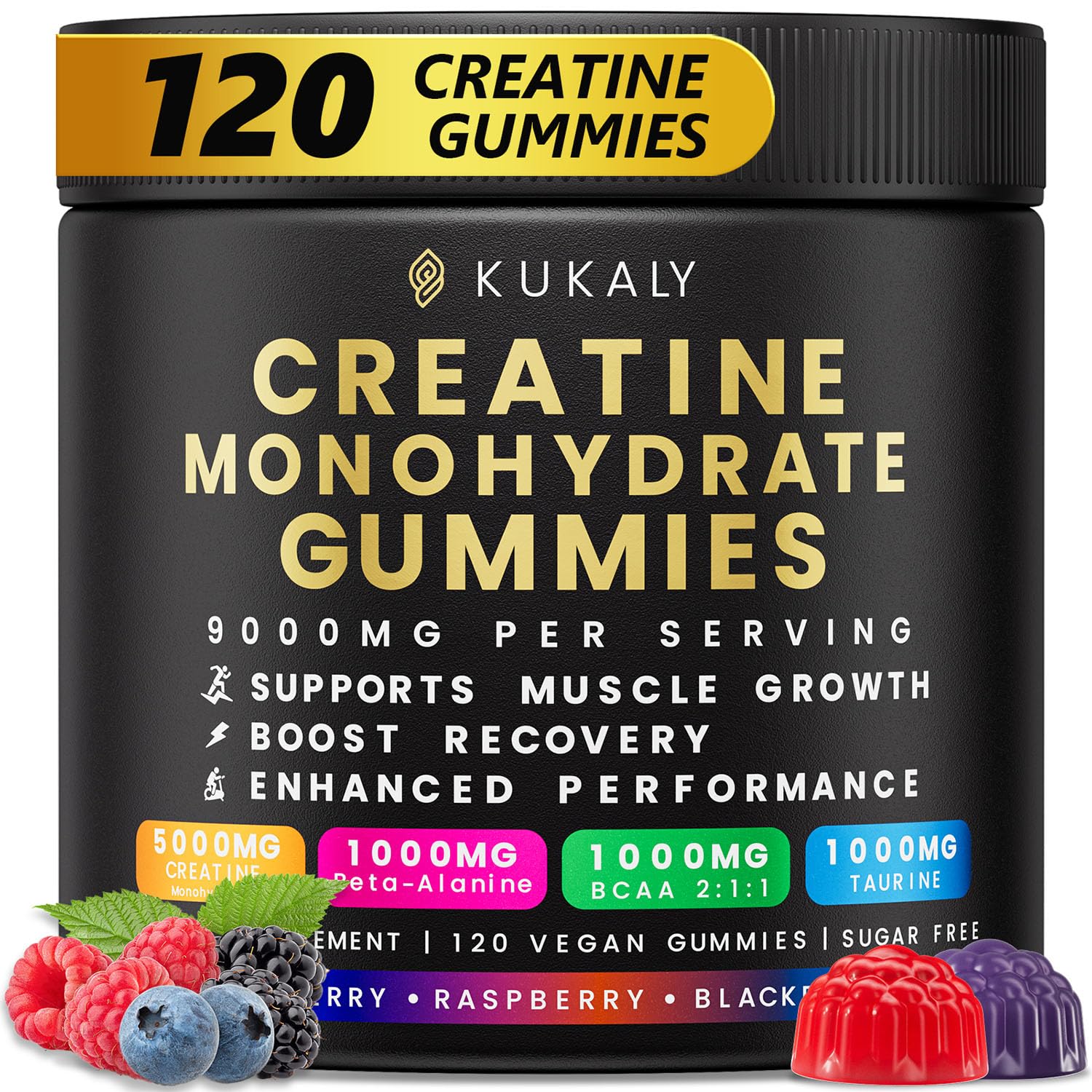 Kukaly Créatine Monohydrate Gommes – Bouteille pratique pour énergie durable pendant l’entraînement