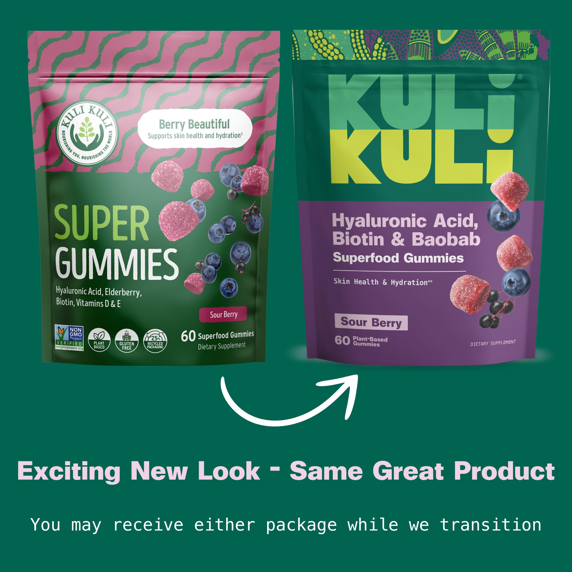 Ingrédients visibles de Kuli Kuli: baobab, sureau et baies, source d’antioxydants.