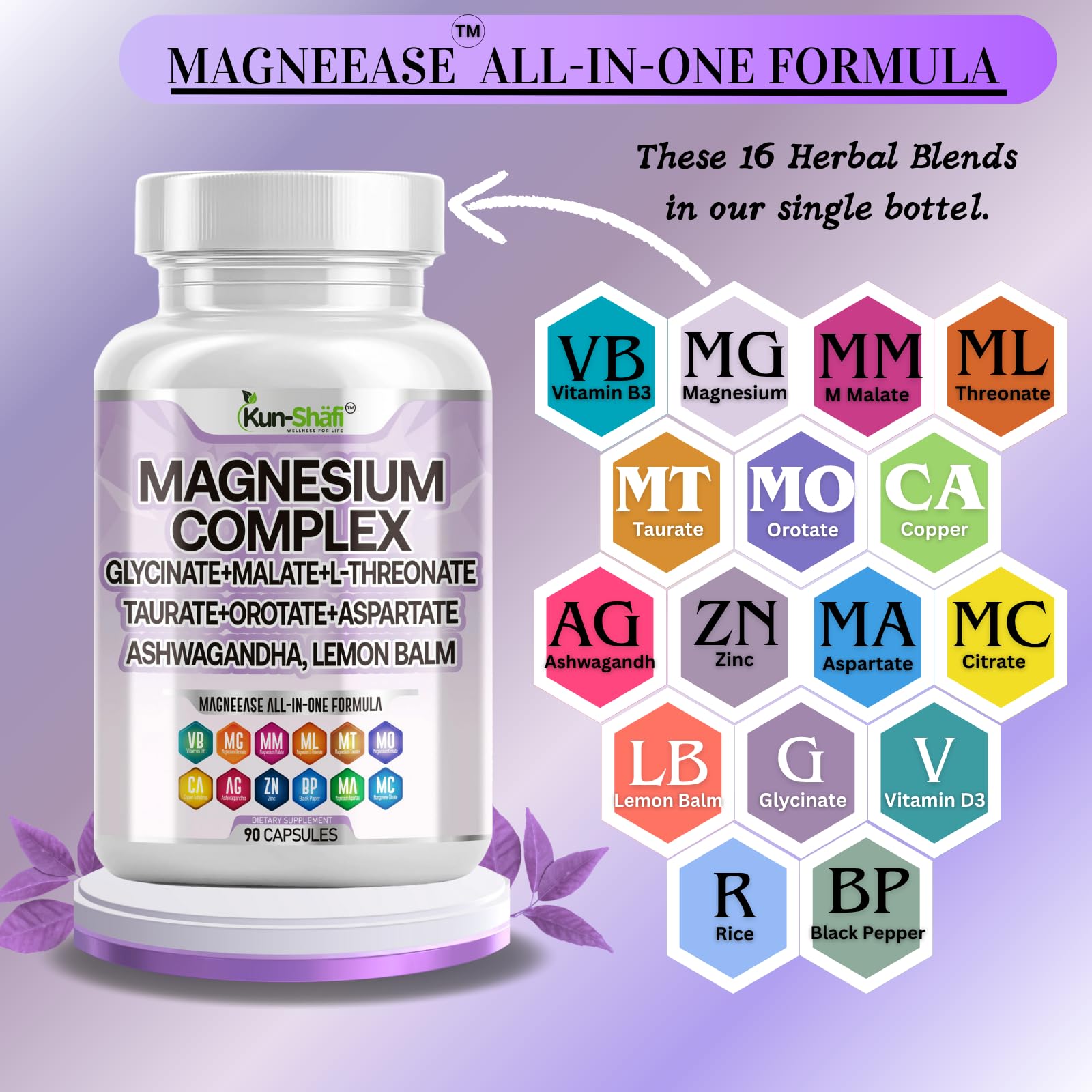 Kun Shafi Magneease étiquette indiquant la composition et les nutriments.
