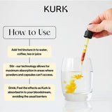 Kurk curcuma liquide orange flacon, couleur vive et usage polyvalent.