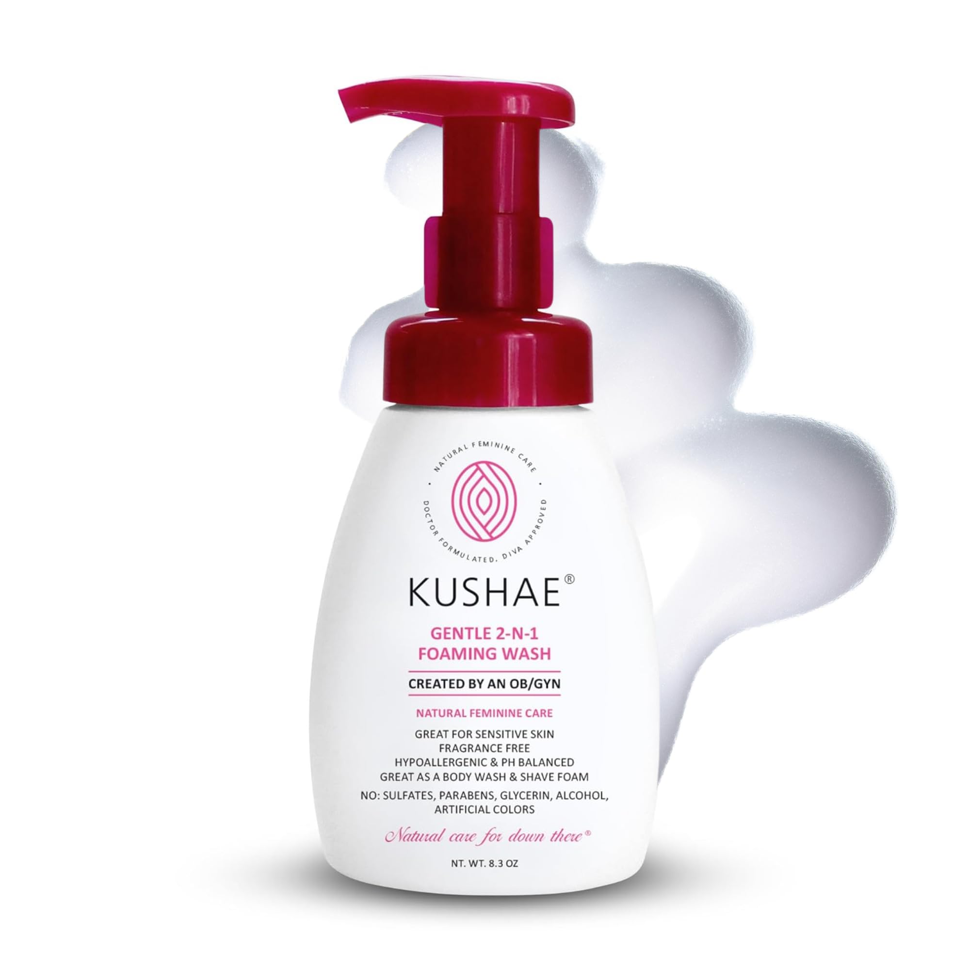 Kushae Douce Mousse Nettoyante en bouteille pour peau sensible et propre.