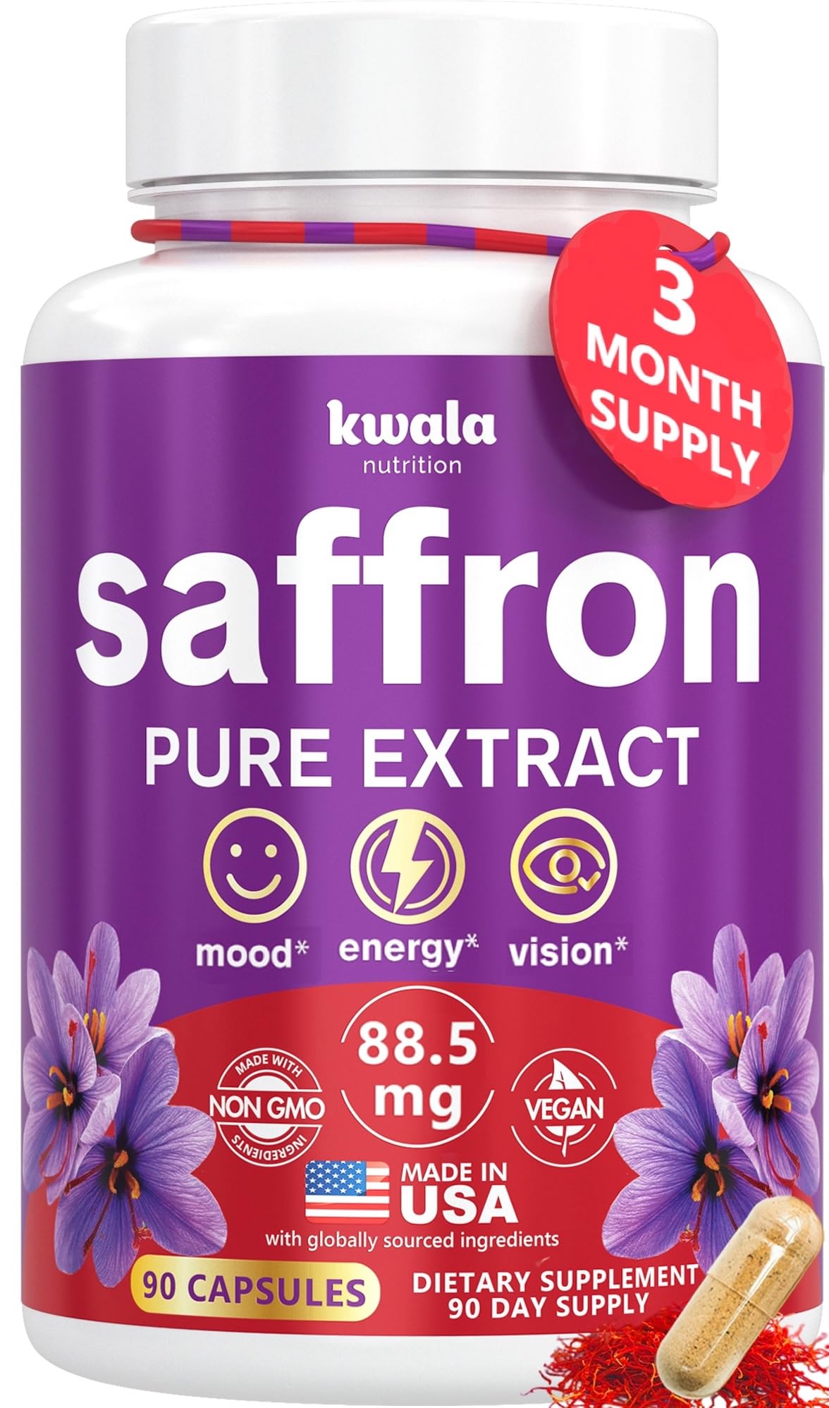 Kwala Nutrition Safran – bouteille de capsules sur fond clair, présentation du produit et usage quotidien.
