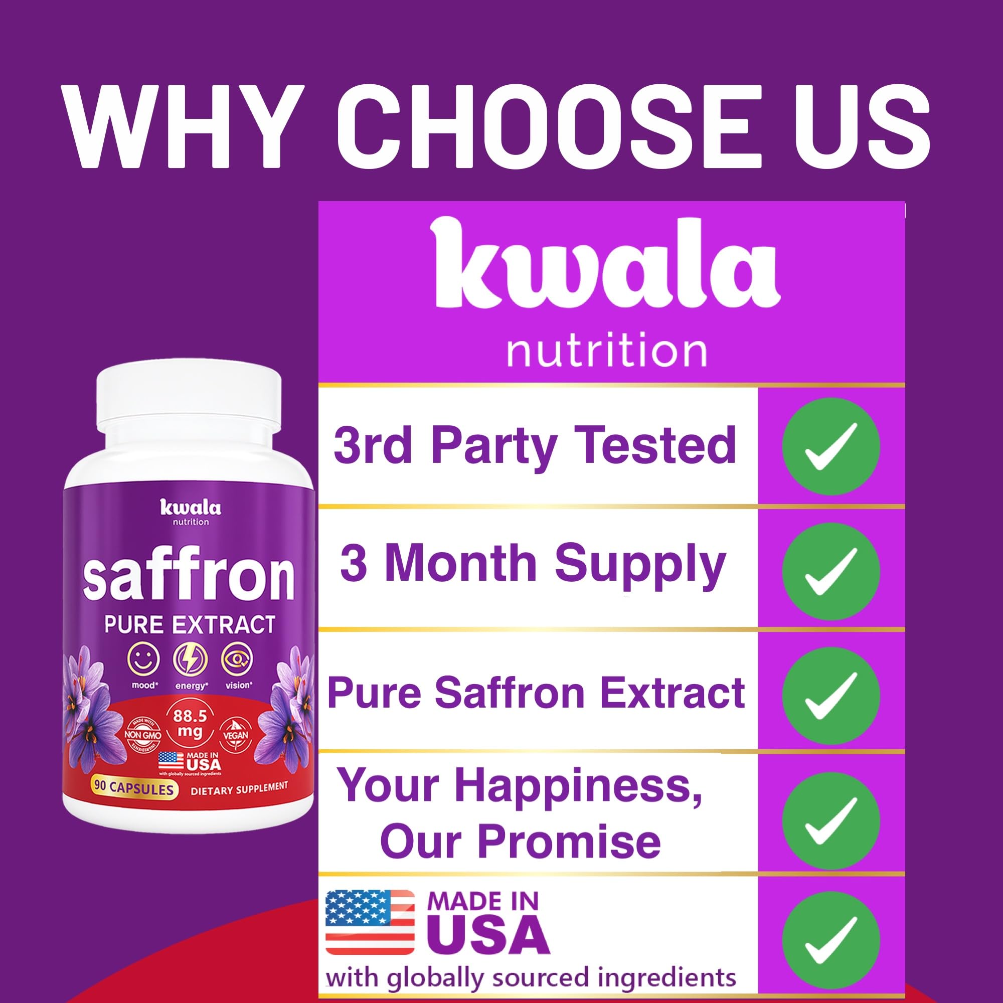 Kwala Nutrition Safran – fabrication aux États‑Unis dans une usine certifiée GMP.