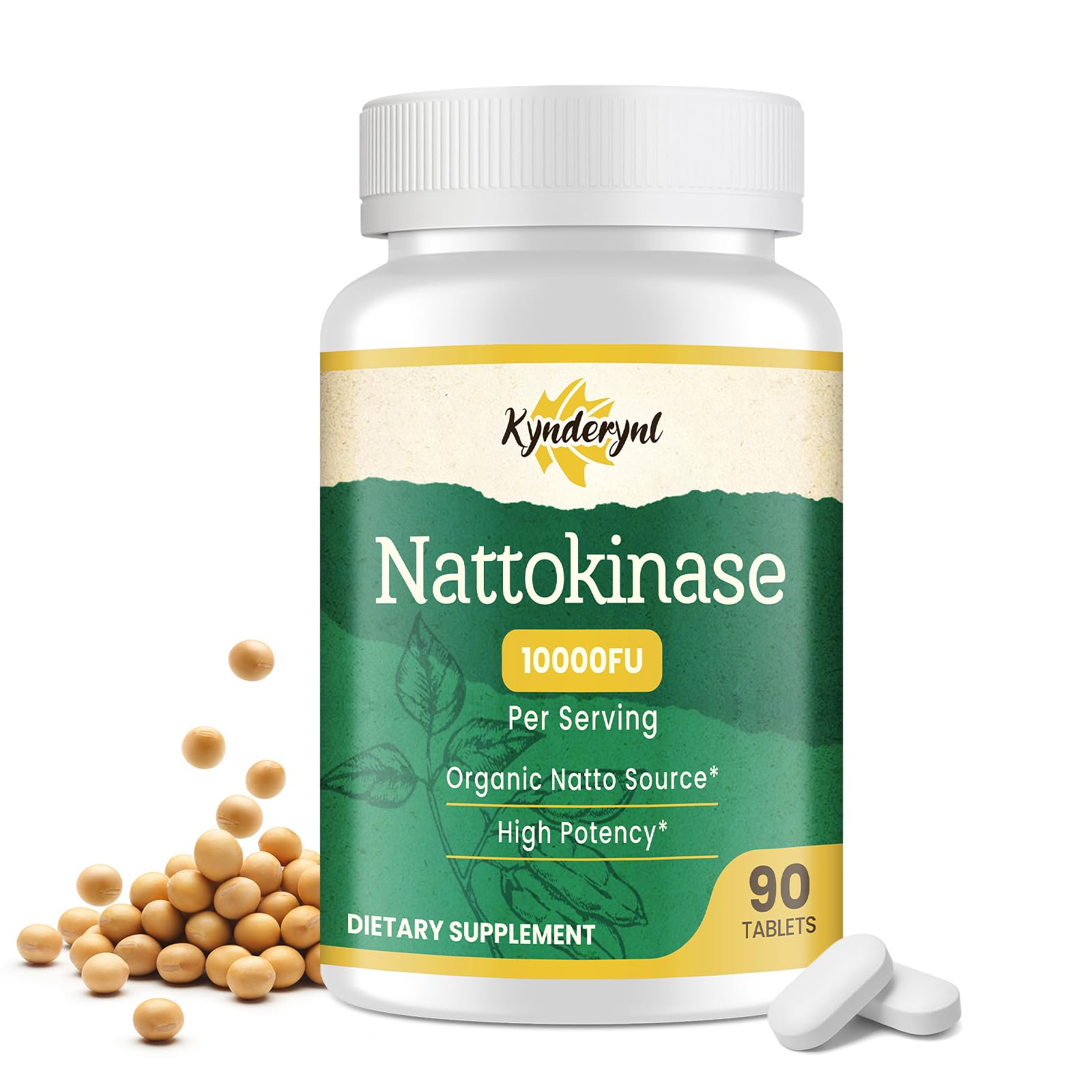 Kynderynl nattokinase, bouteille montrant le dosage élevé pour la circulation et le bien-être.