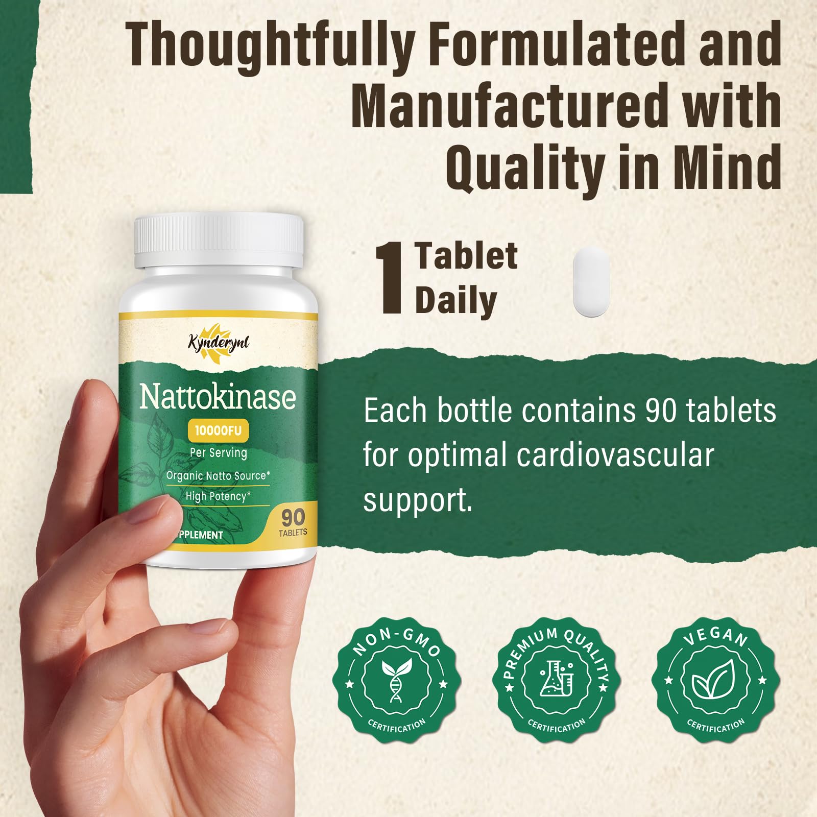 Pack de 90 comprimés Kynderynl nattokinase, solution simple et durable.