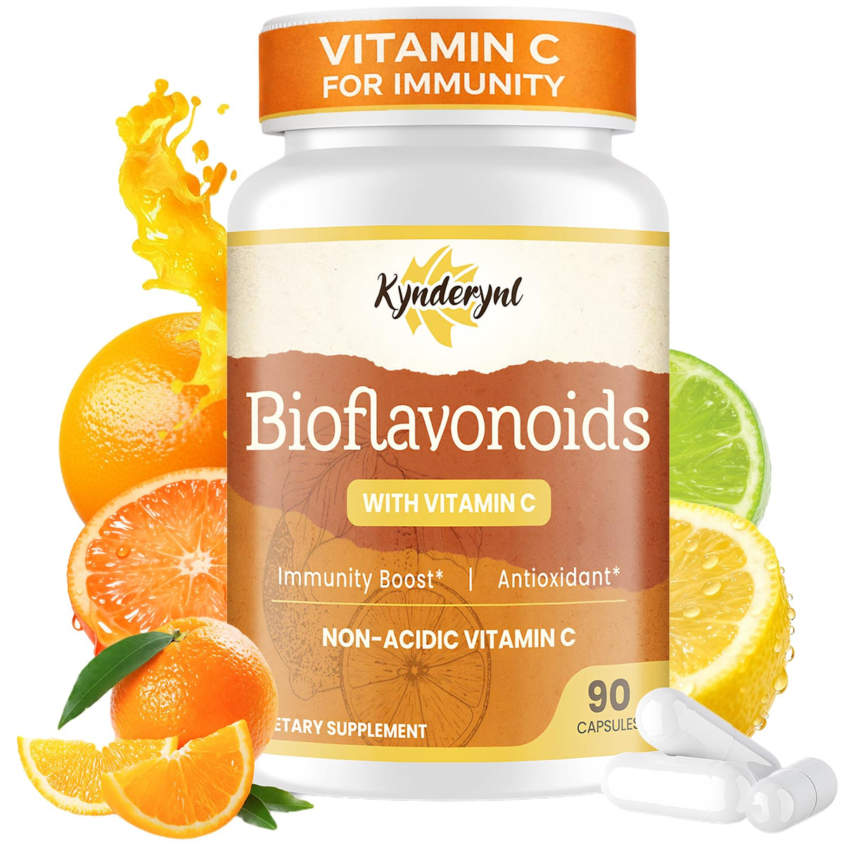 Kynderynl Vitamine C avec bioflavonoïdes, bouteille de 90 capsules pour le soutien quotidien.
