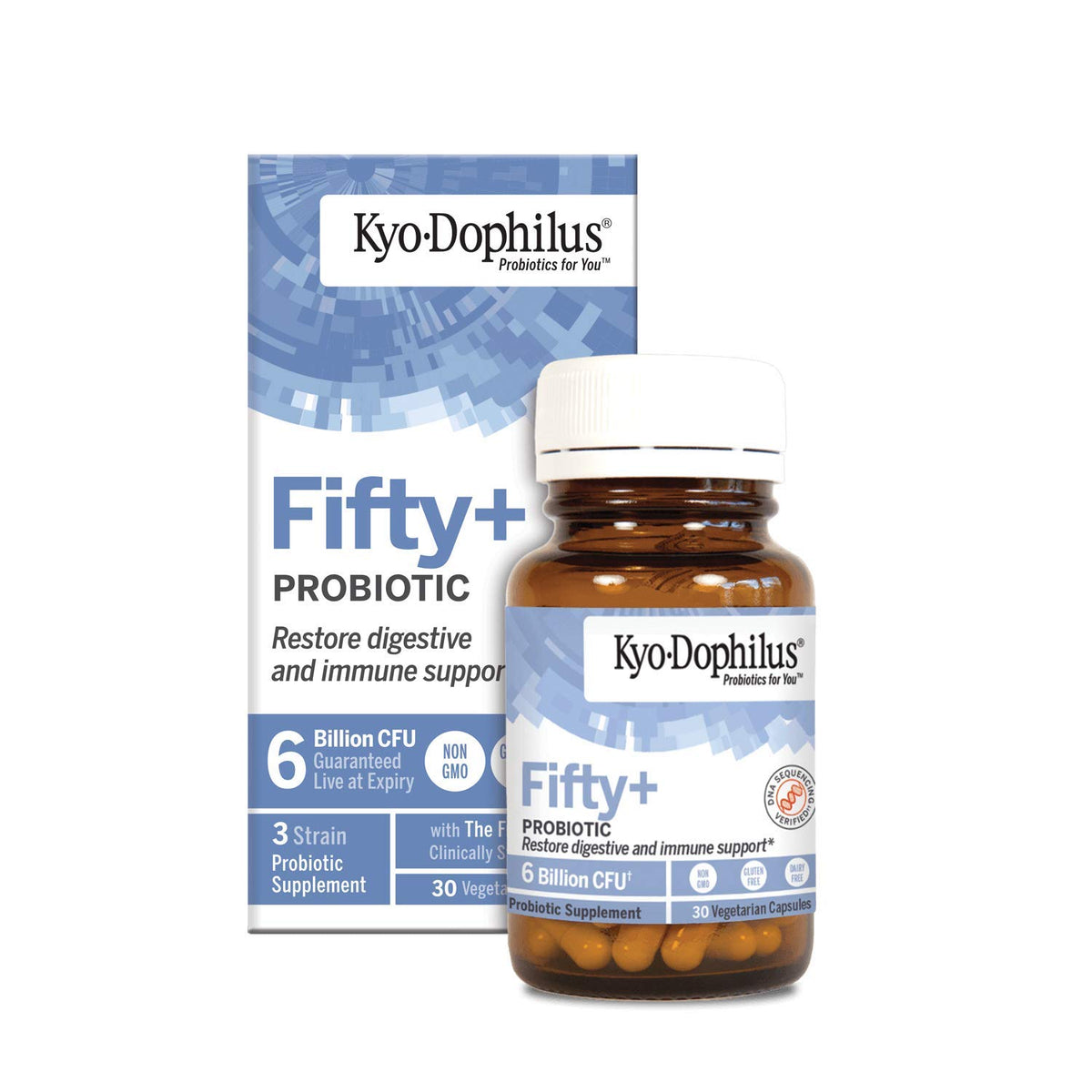Kyo-Dophilus Fifty Plus: bouteille de capsules pratique pour un soutien quotidien potentiel à la digestion.