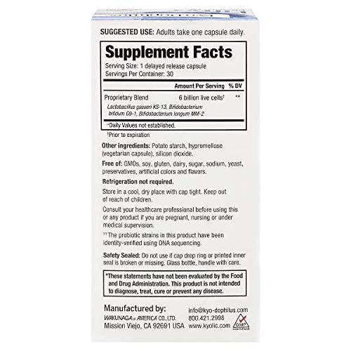 Kyo-Dophilus Fifty Plus: étiquette sans OGM souligne l'absence de modification génétique.