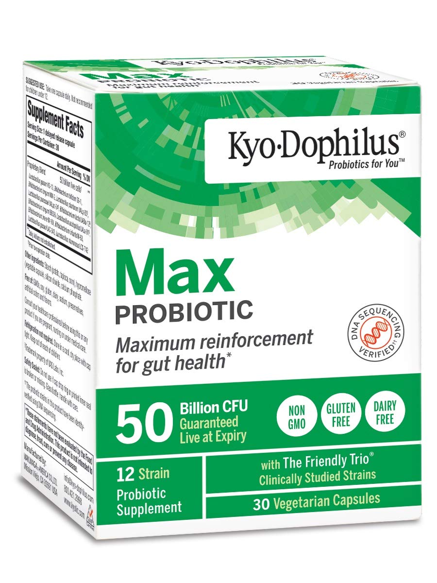 Kyo-Dophilus Max Probiotiques: bouteille pratique pour usage quotidien, soutien digestif potentiel.
